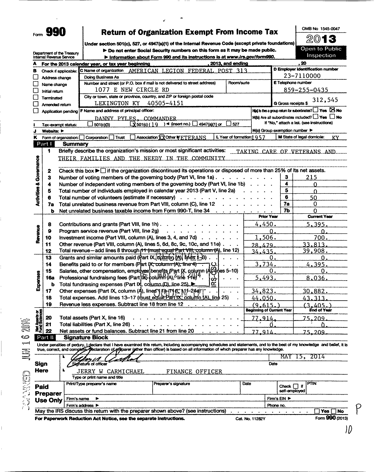 Image of first page of 2013 Form 990O for American Legion - 313