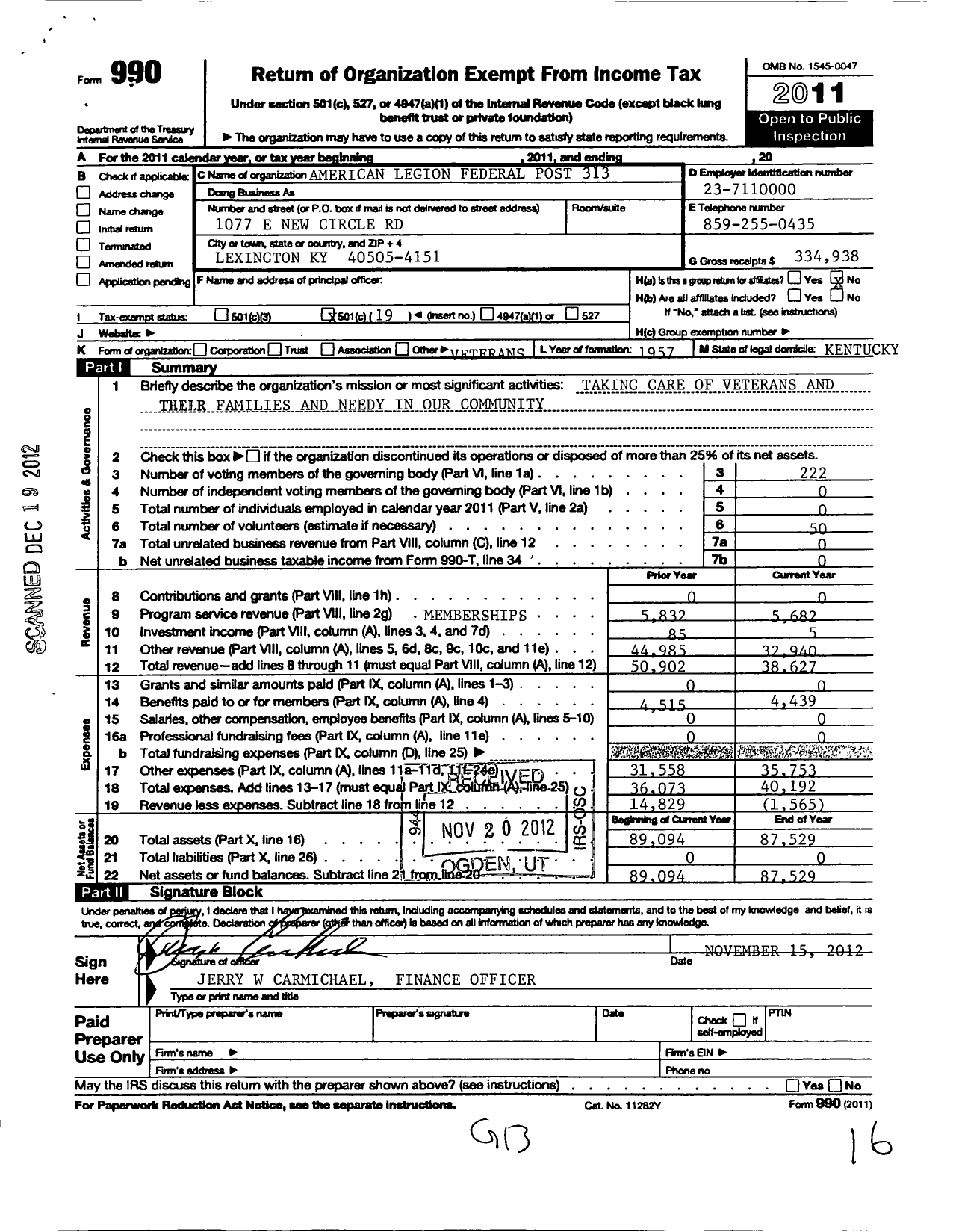 Image of first page of 2011 Form 990O for American Legion - 313