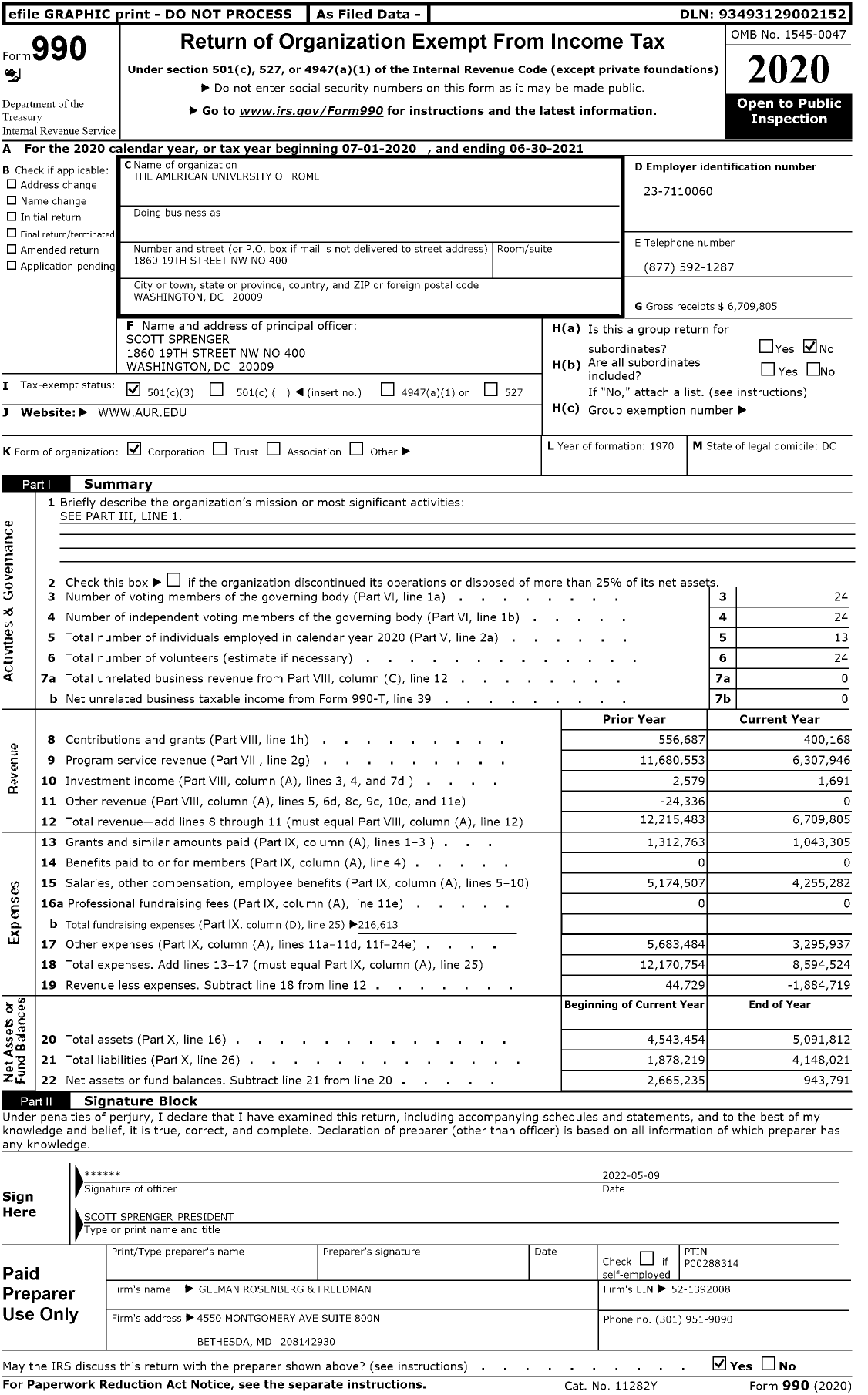 Image of first page of 2020 Form 990 for The American University of Rome (AUR)