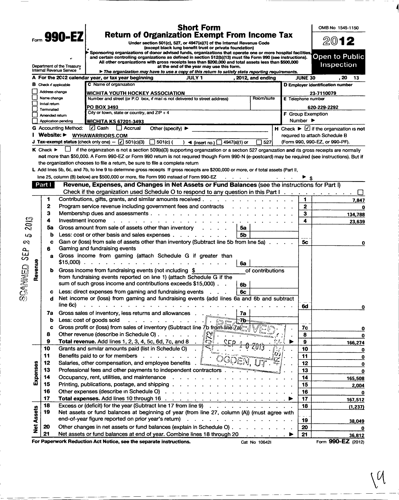 Image of first page of 2012 Form 990EZ for Wichita JR Thunder Hockey Association