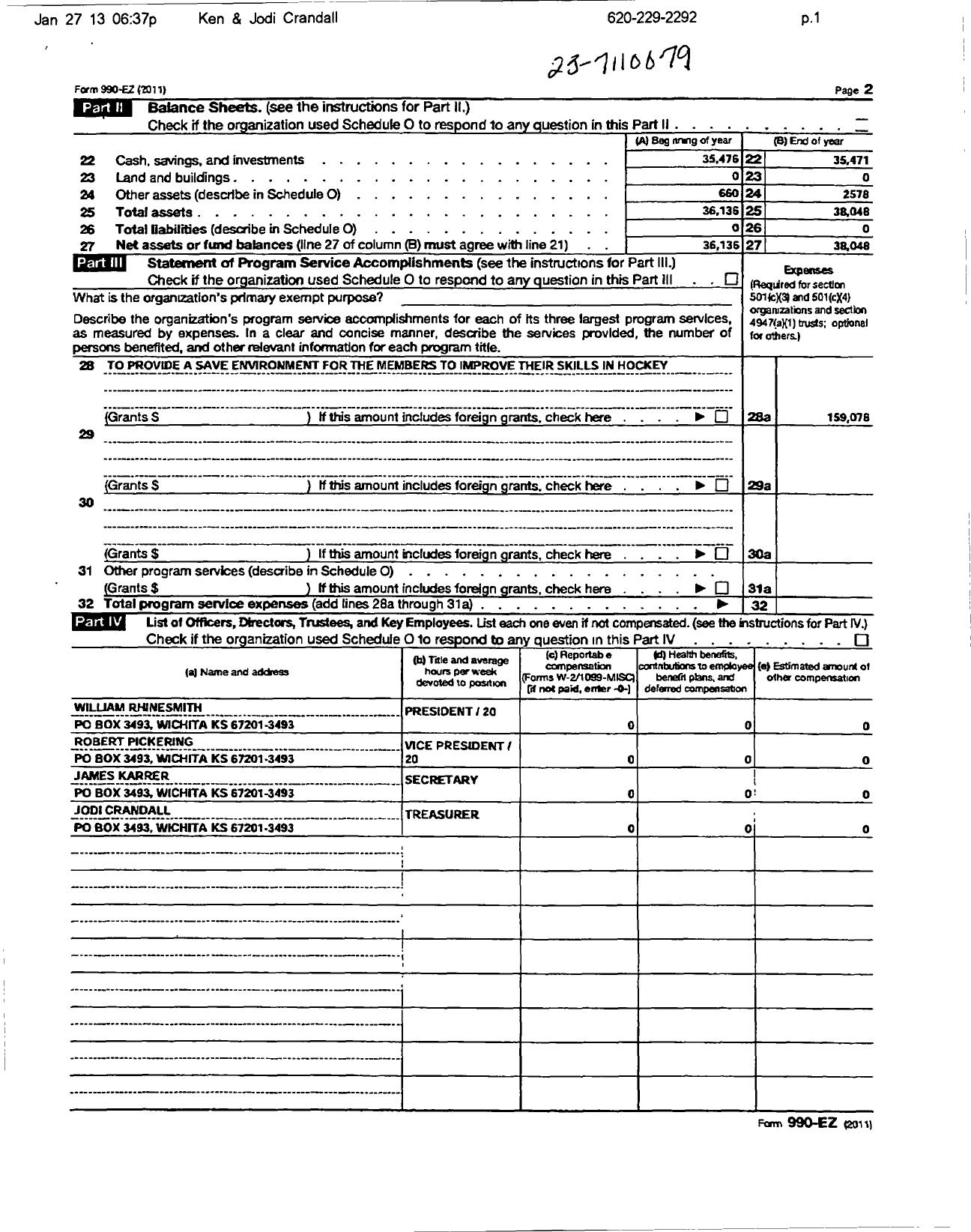 Image of first page of 2011 Form 990ER for Wichita JR Thunder Hockey Association