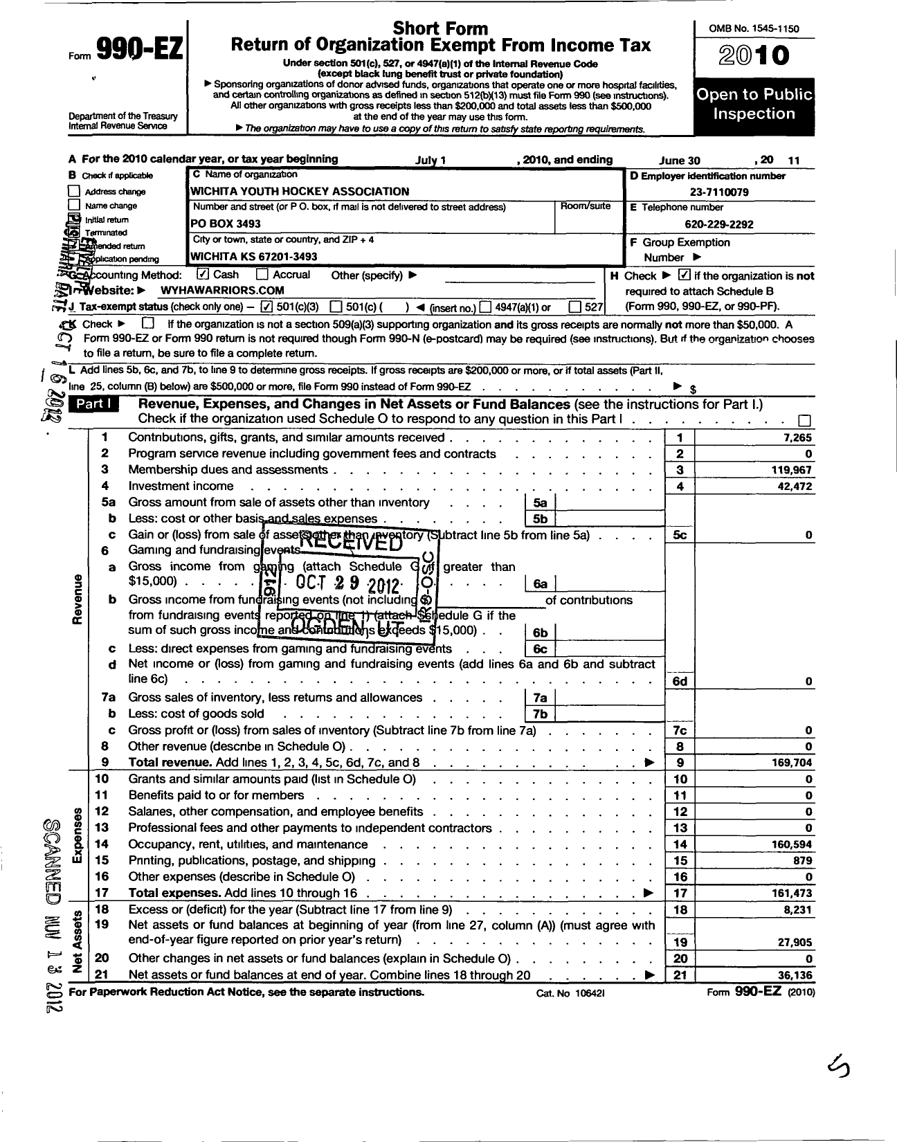 Image of first page of 2010 Form 990EZ for Wichita JR Thunder Hockey Association