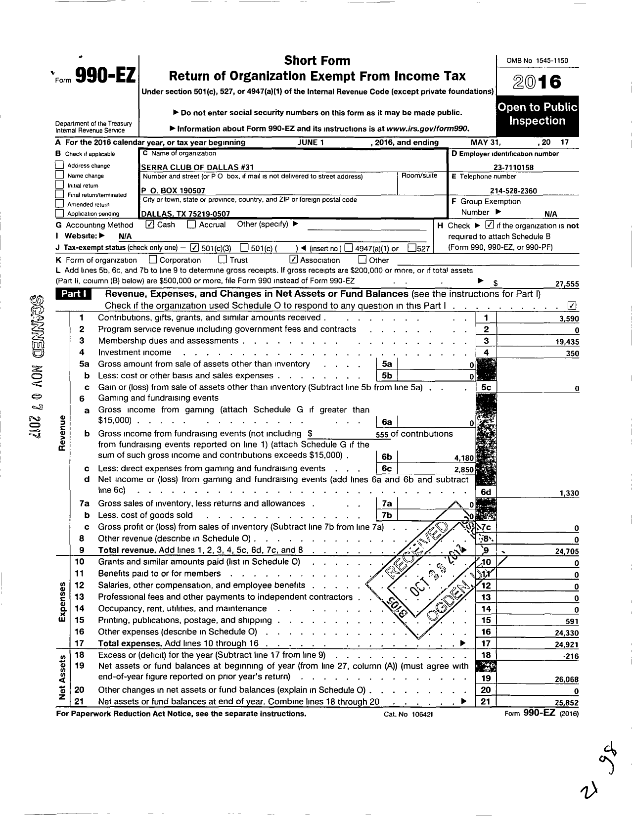 Image of first page of 2016 Form 990EZ for Serra International - 31 Dallas Serra Club