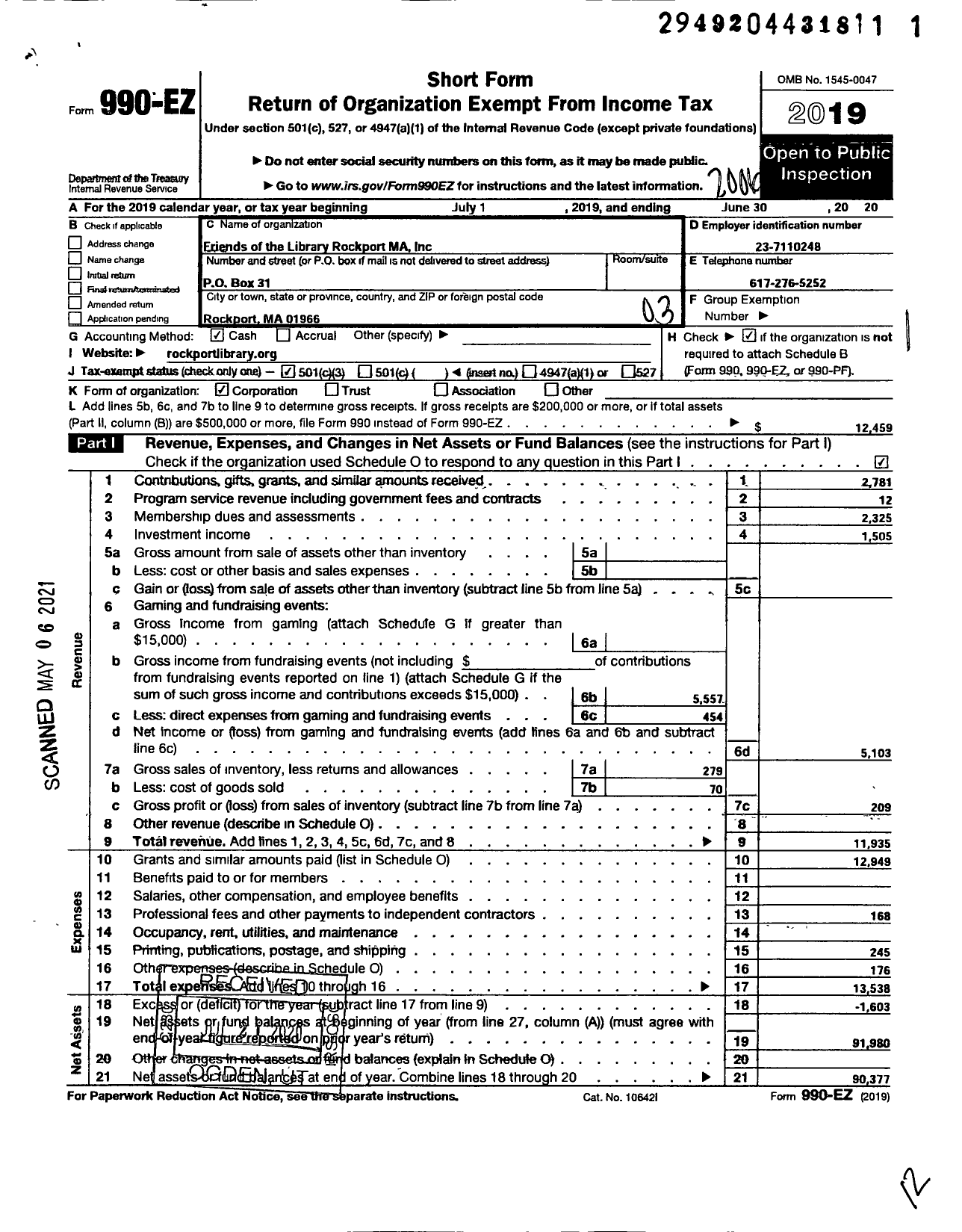 Image of first page of 2019 Form 990EZ for The Friends of the Library Rockport Massachusetts