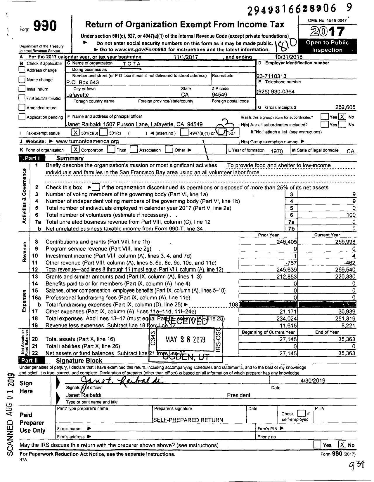 Image of first page of 2017 Form 990 for Tota