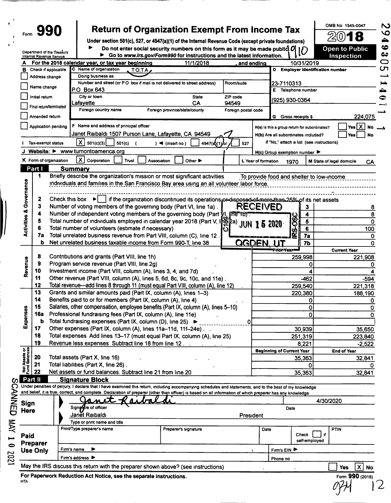 Image of first page of 2018 Form 990 for Tota