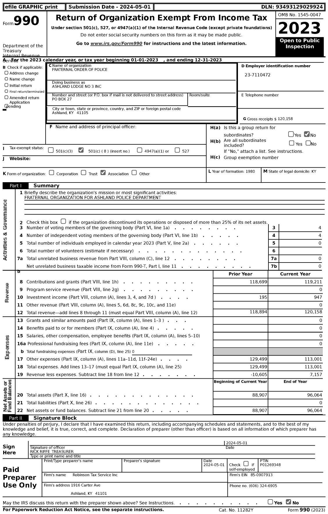 Image of first page of 2023 Form 990 for Fraternal Order of Police - 3 Ashland Lodge