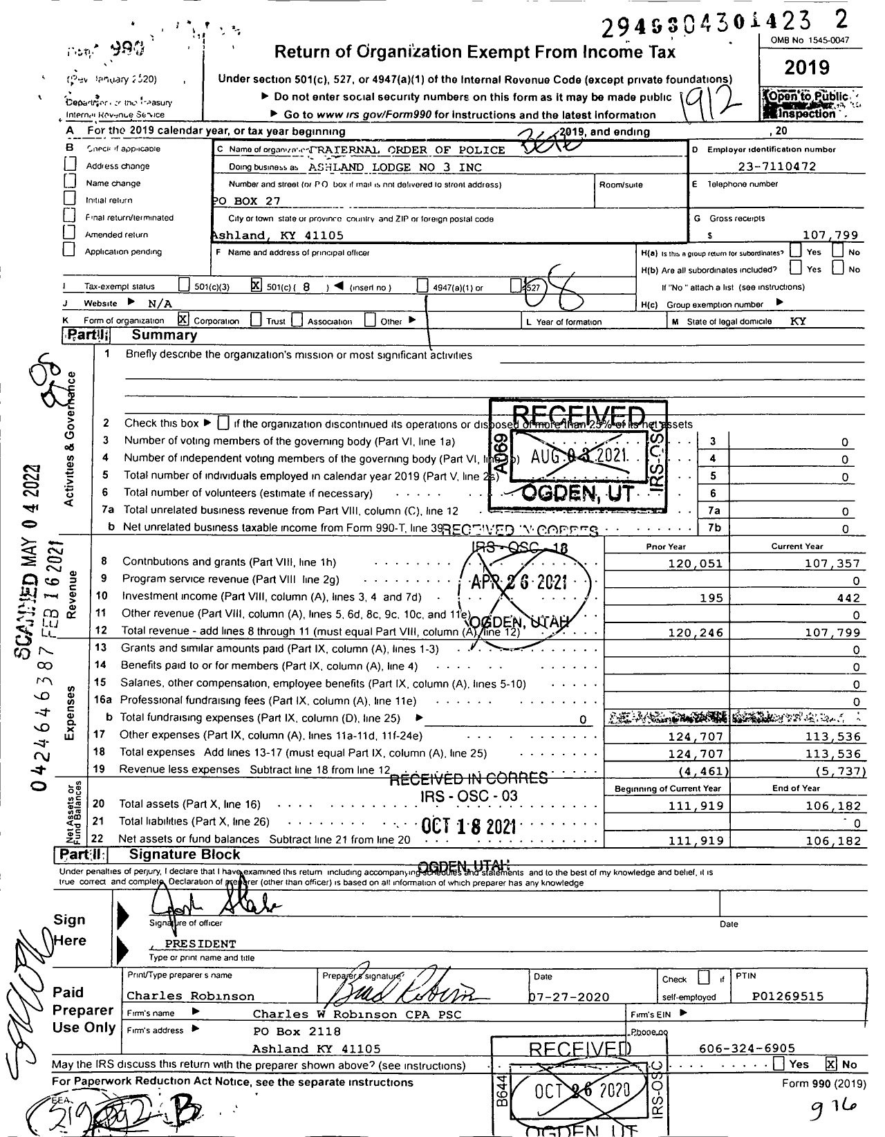 Image of first page of 2019 Form 990O for Fraternal Order of Police - 3 Ashland Lodge