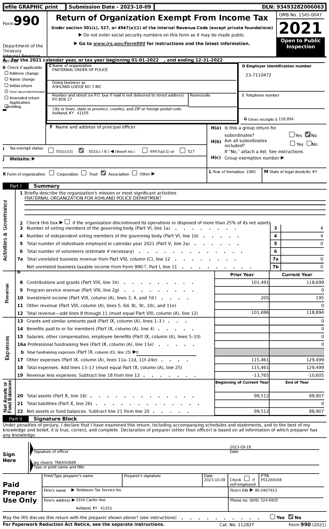 Image of first page of 2022 Form 990 for Fraternal Order of Police - 3 Ashland Lodge