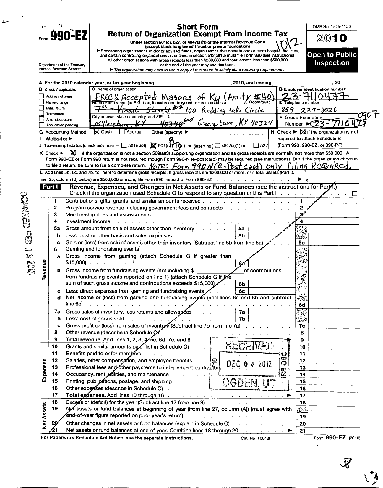 Image of first page of 2010 Form 990EO for Free and Accepted Masons of Kentucky - 40 Amity