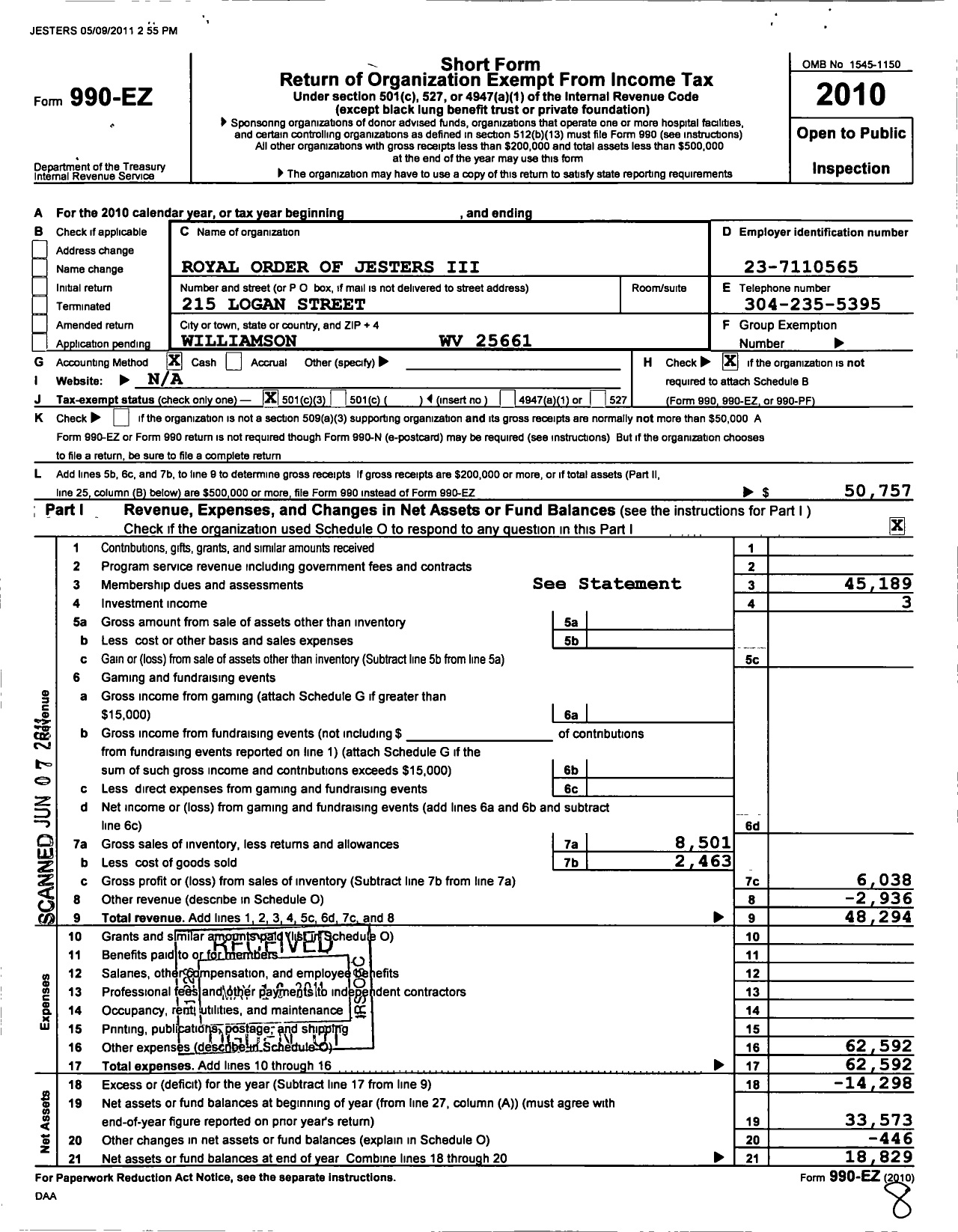 Image of first page of 2010 Form 990EZ for Royal Order of Jesters - 111 Charleston CT