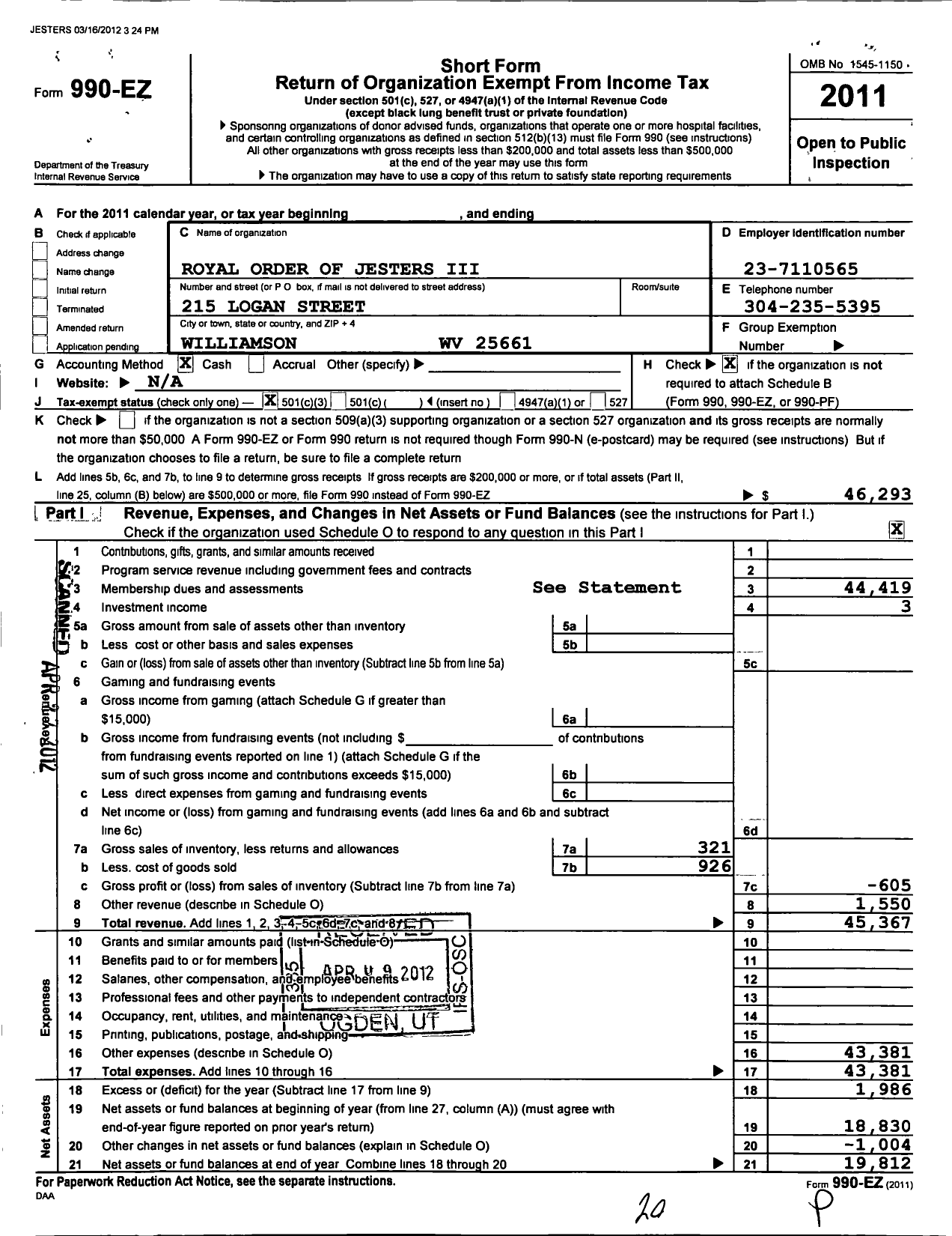 Image of first page of 2011 Form 990EZ for Royal Order of Jesters - 111 Charleston CT