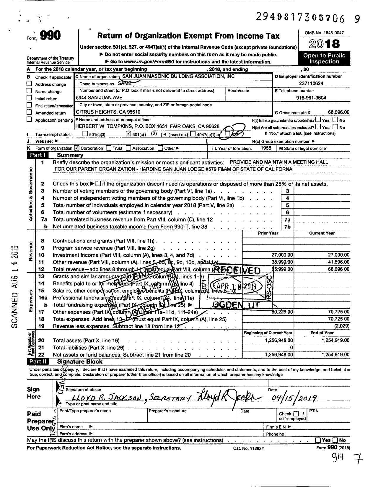 Image of first page of 2018 Form 990O for San Juan Masonic Building Association