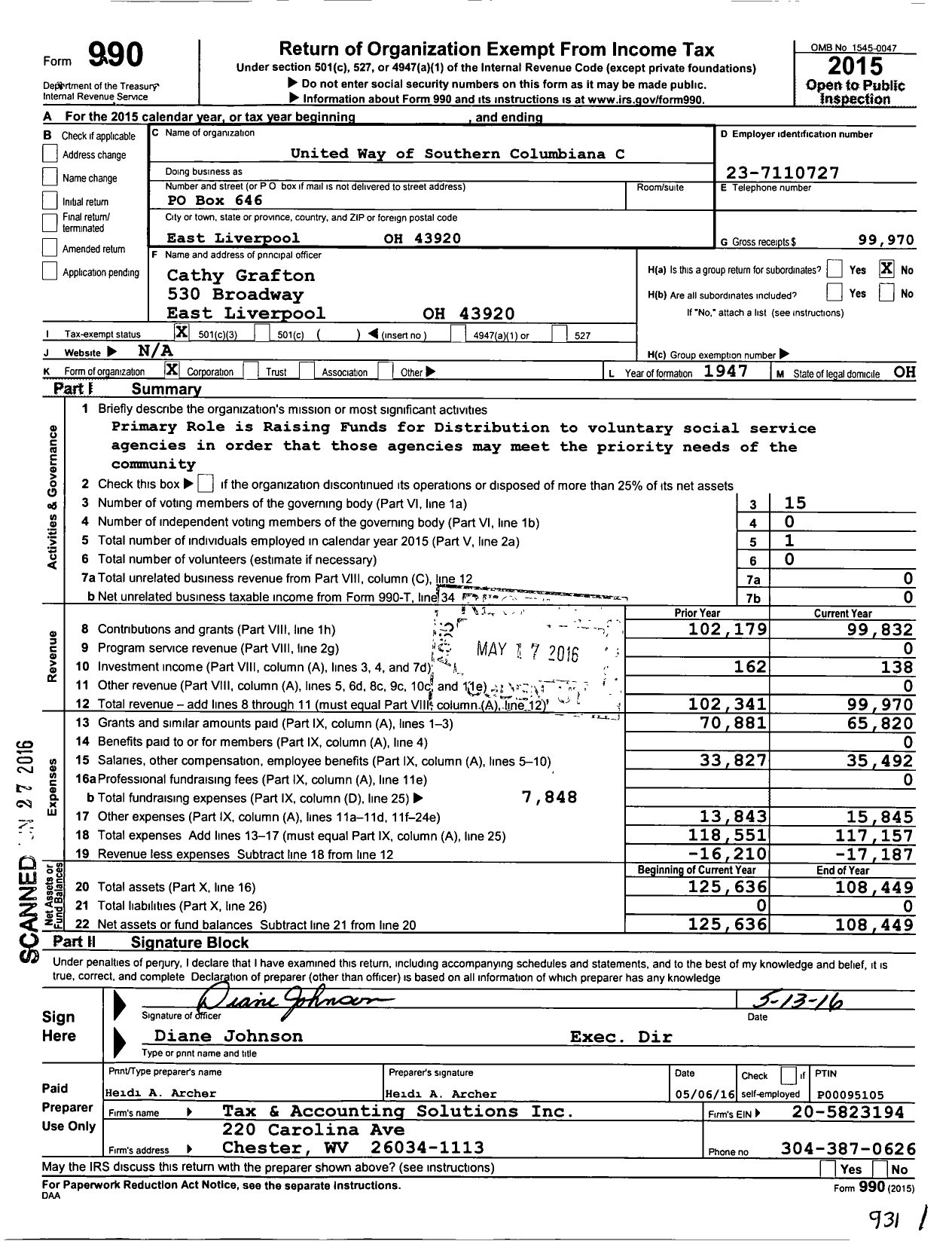 Image of first page of 2015 Form 990 for United Way of Southern Columbiana County