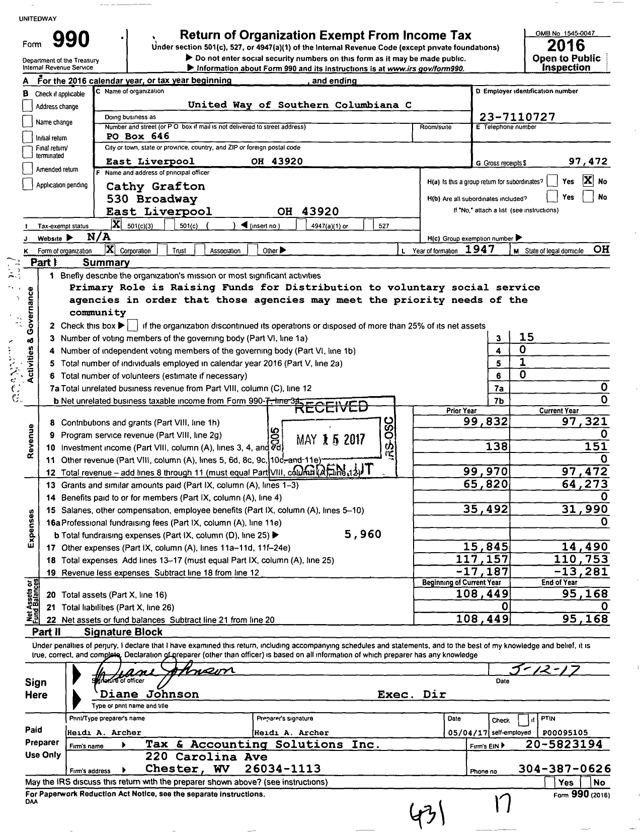 Image of first page of 2016 Form 990 for United Way of Southern Columbiana County