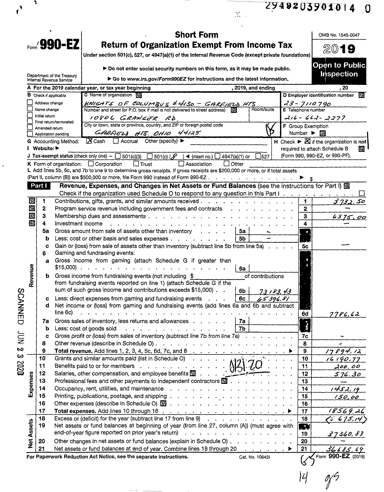 Image of first page of 2019 Form 990EO for KNIGHTS OF COLUMBUS - 4130 Garfield Heights Council