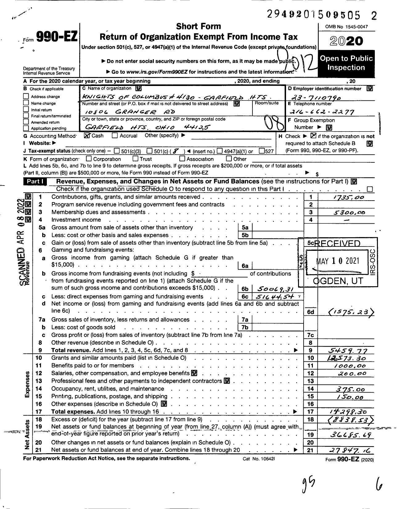 Image of first page of 2020 Form 990EO for KNIGHTS OF COLUMBUS - 4130 Garfield Heights Council