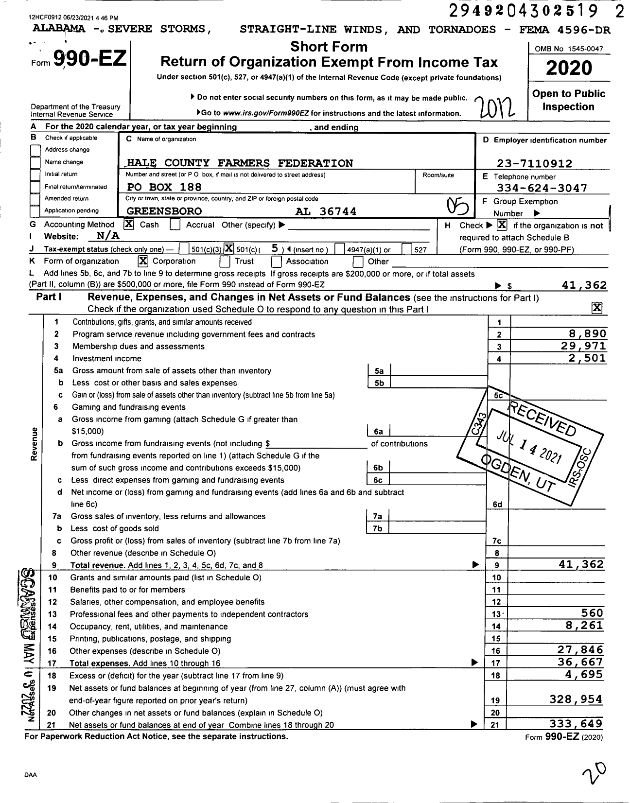 Image of first page of 2020 Form 990EO for Hale County Farmers Federation