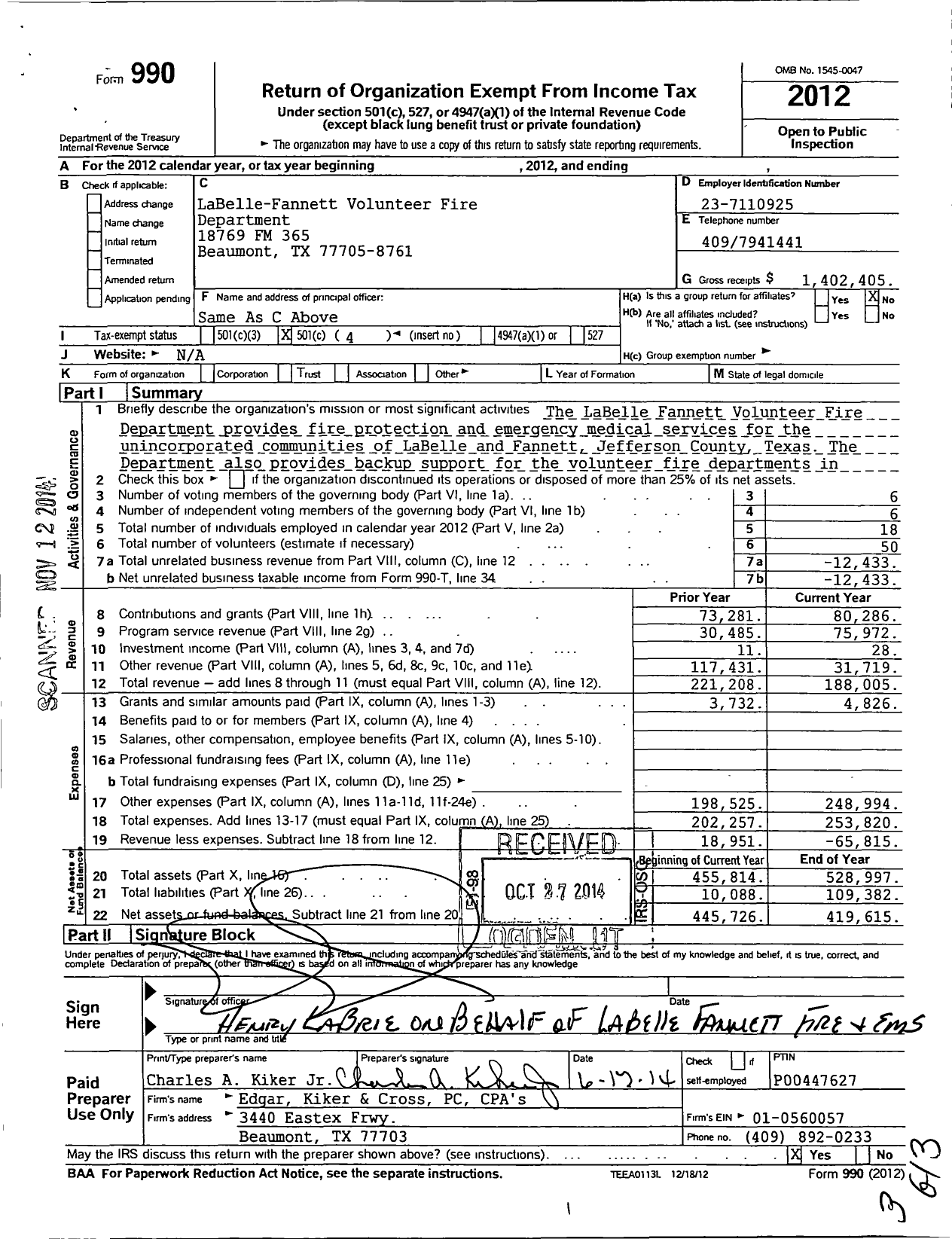 Image of first page of 2012 Form 990O for Labelle-Fannett Volunteer Fire Department