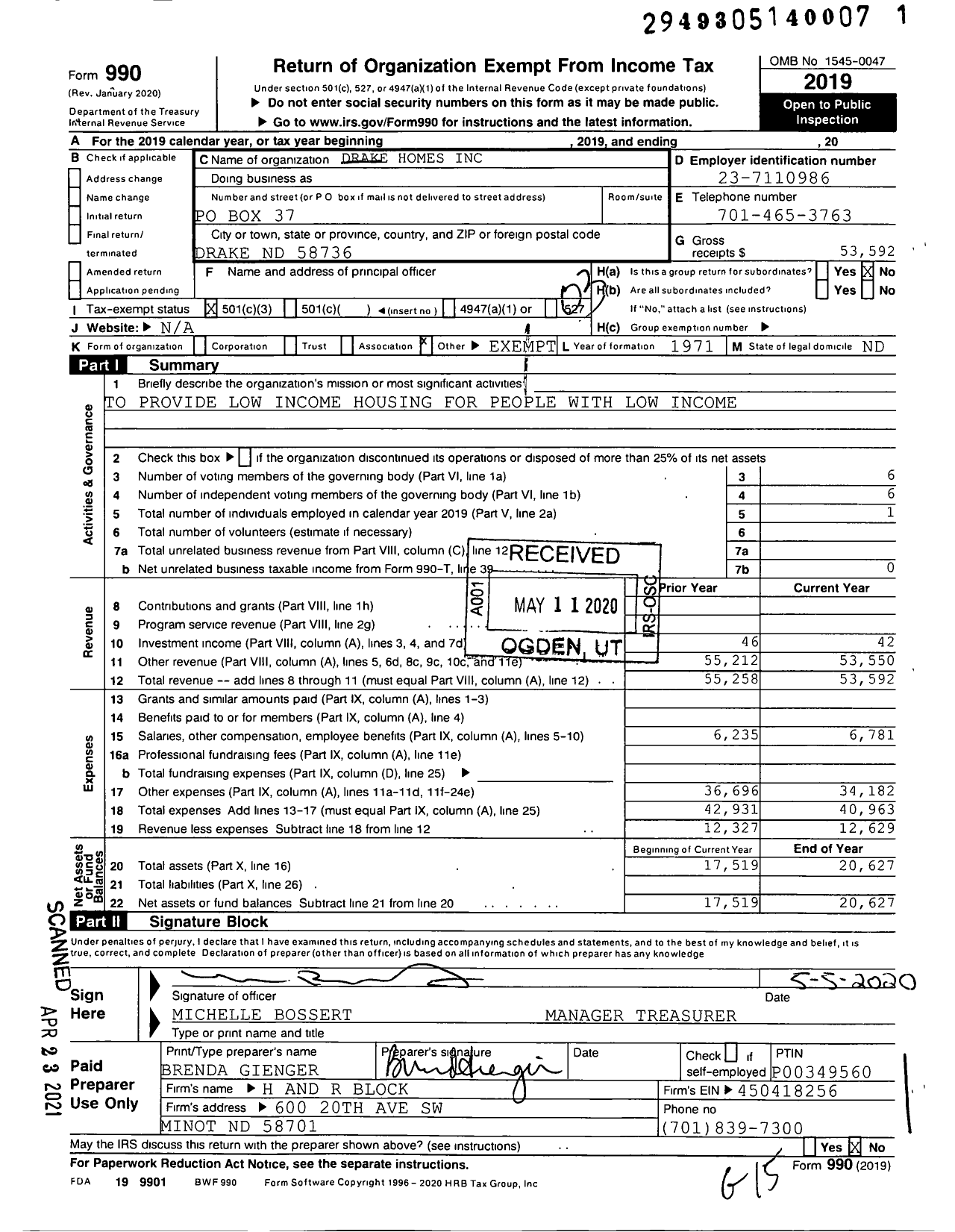 Image of first page of 2019 Form 990 for Drake Homes