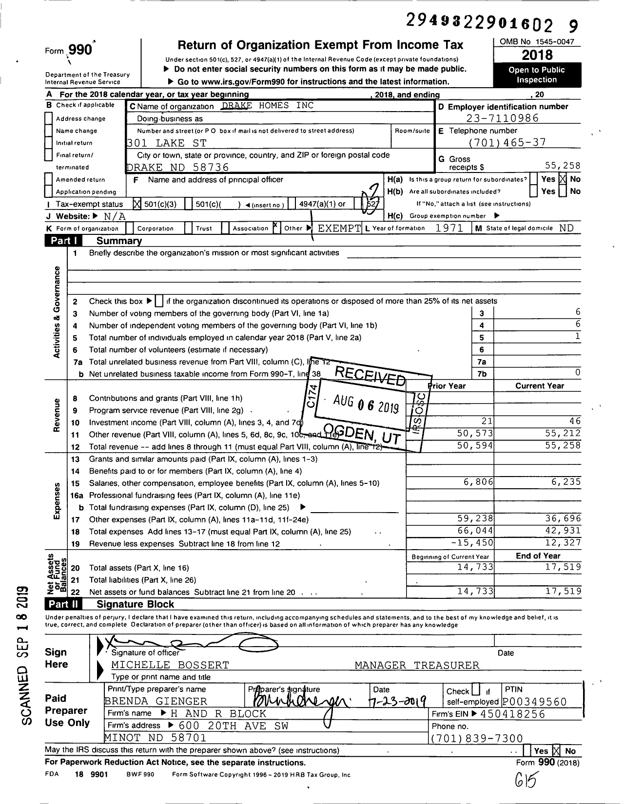 Image of first page of 2018 Form 990 for Drake Homes