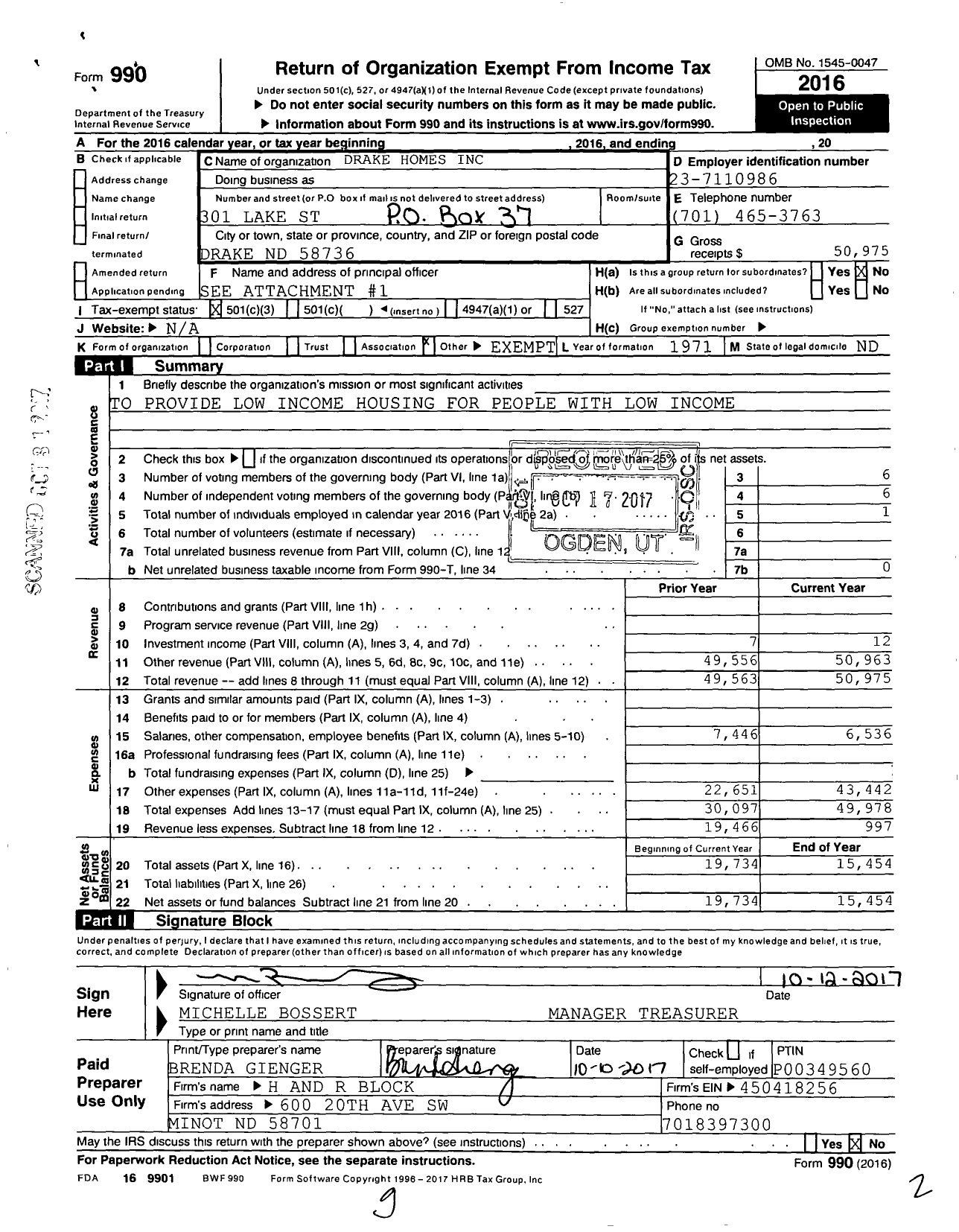 Image of first page of 2016 Form 990 for Drake Homes