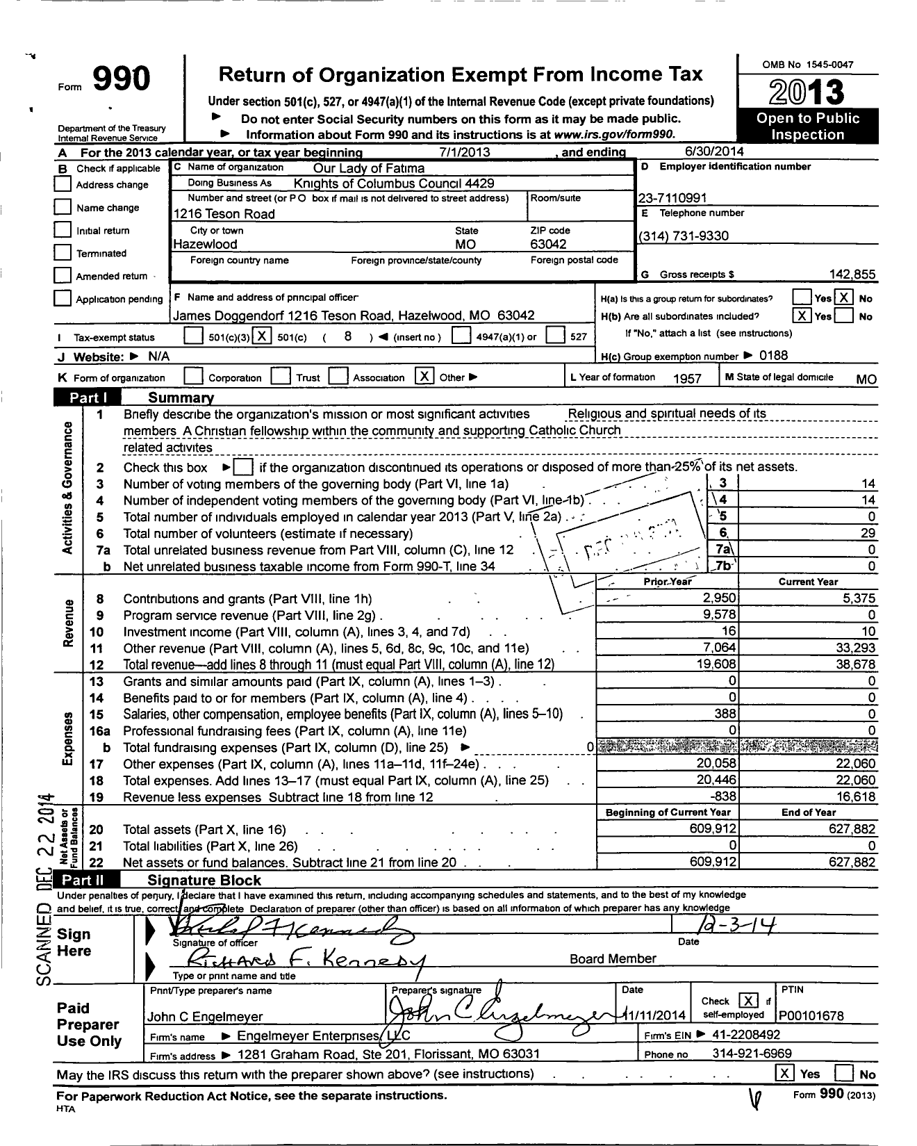 Image of first page of 2013 Form 990O for Our Lady of Fatima Knights of Columbus Council 4429