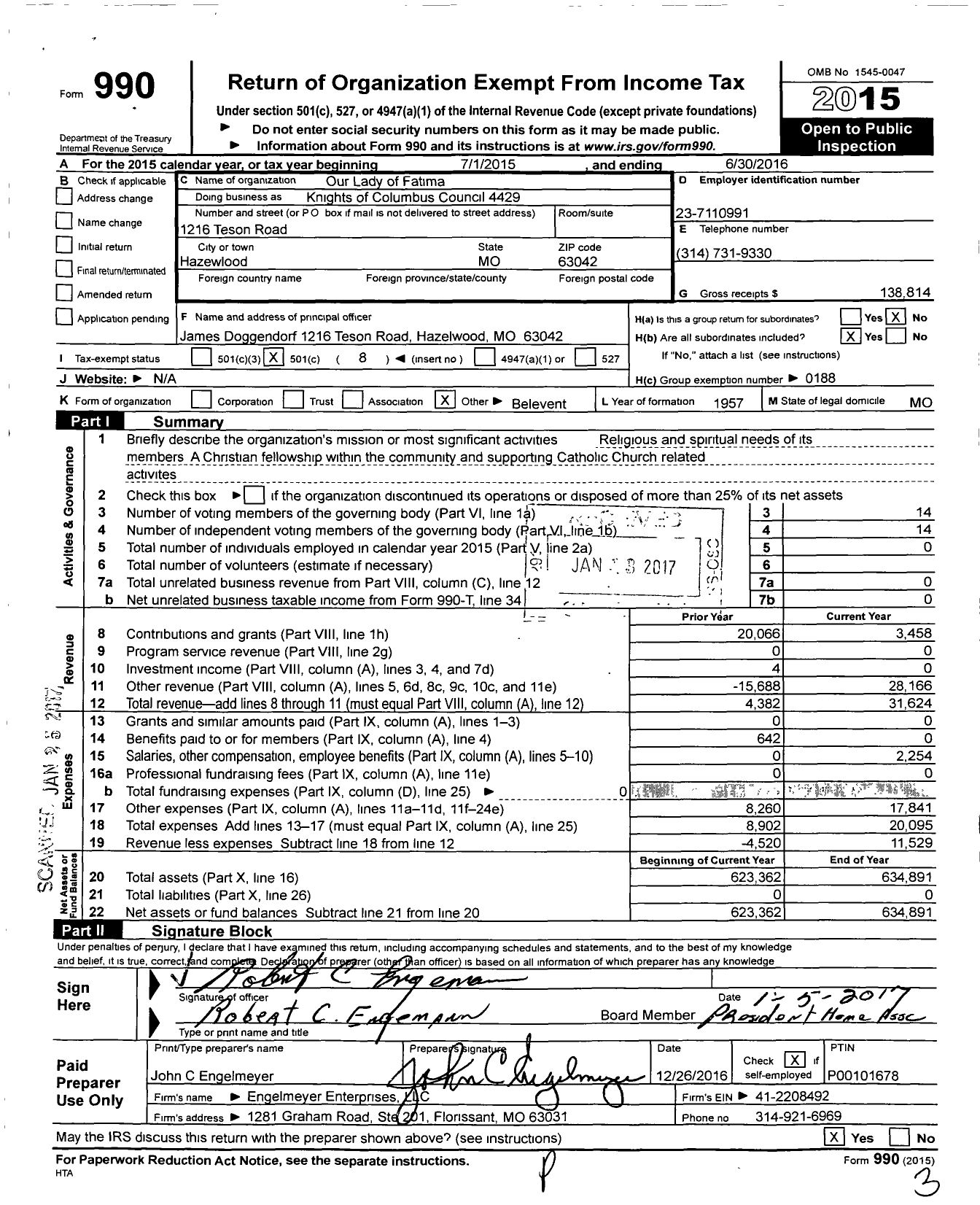 Image of first page of 2015 Form 990O for Our Lady of Fatima Knights of Columbus Council 4429