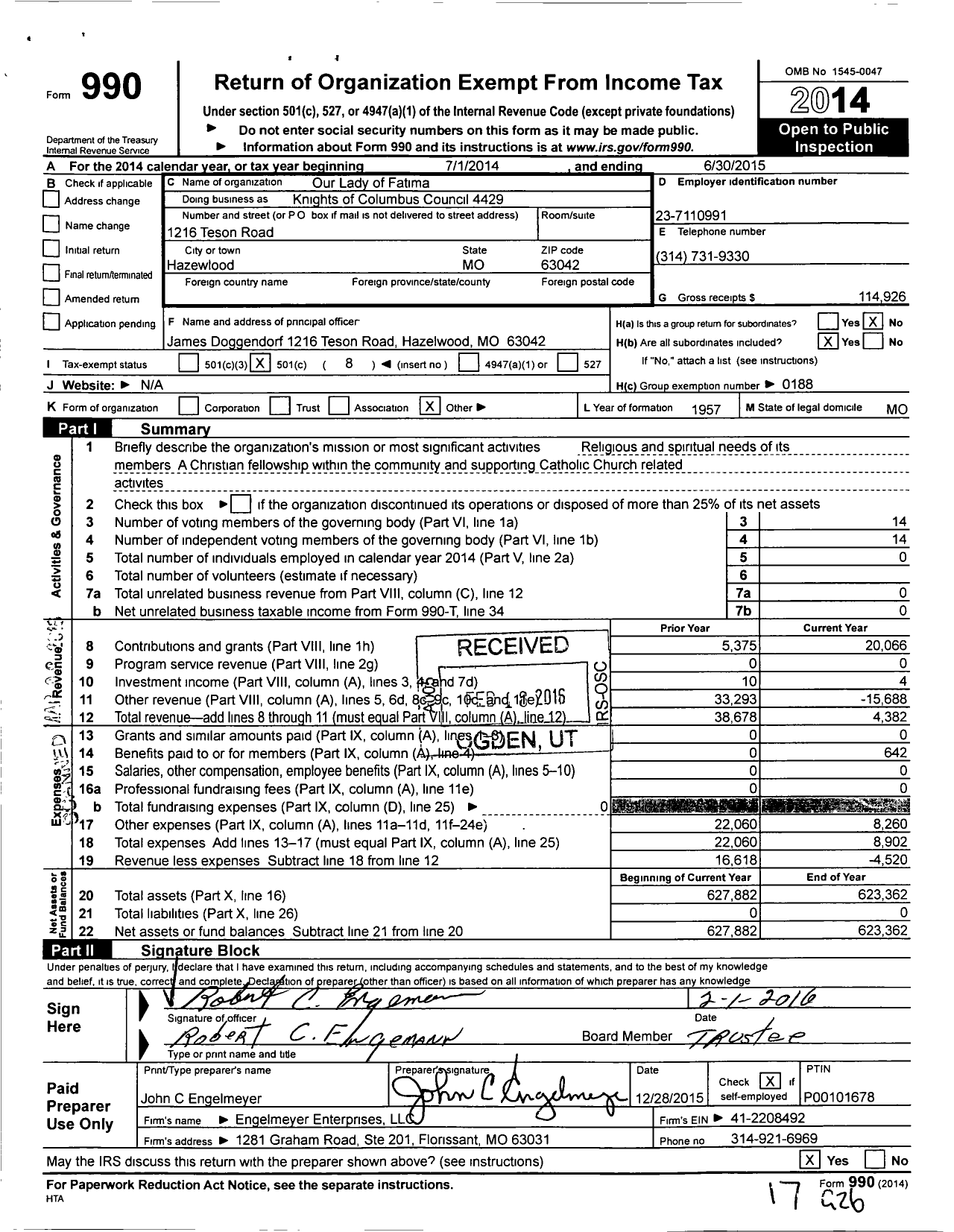 Image of first page of 2014 Form 990O for Our Lady of Fatima Knights of Columbus Council 4429