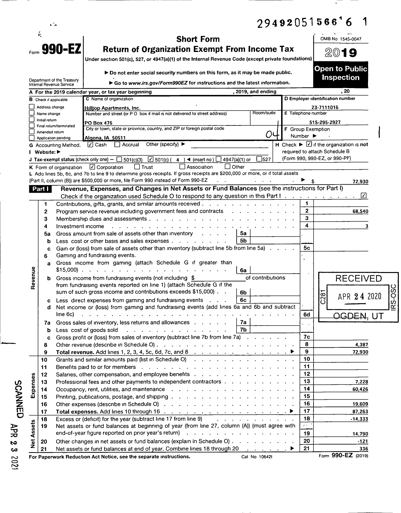 Image of first page of 2019 Form 990EO for Hilltop Apartments