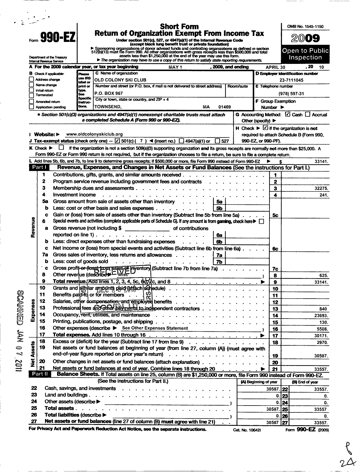 Image of first page of 2009 Form 990EO for Old Colony Ski Club