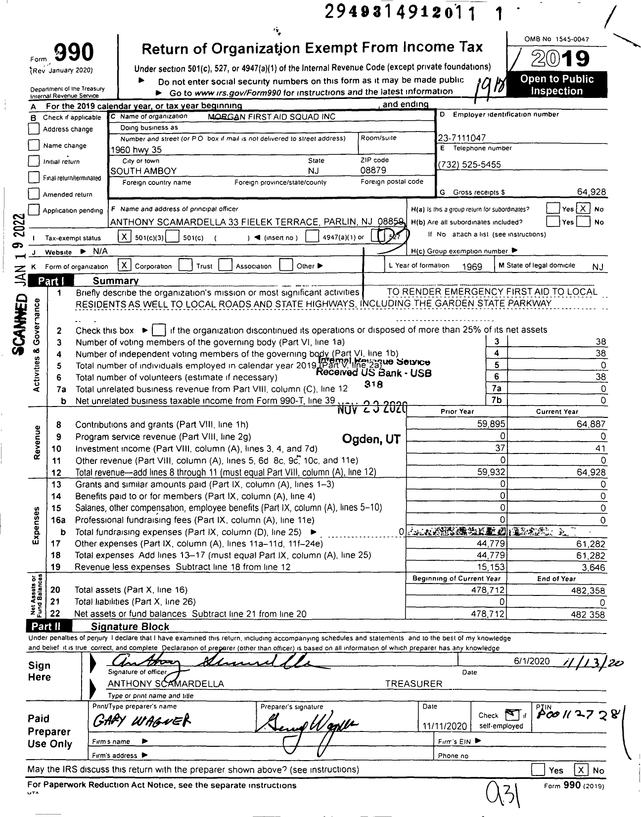 Image of first page of 2019 Form 990 for Morgan Volunteer First Aid Squad