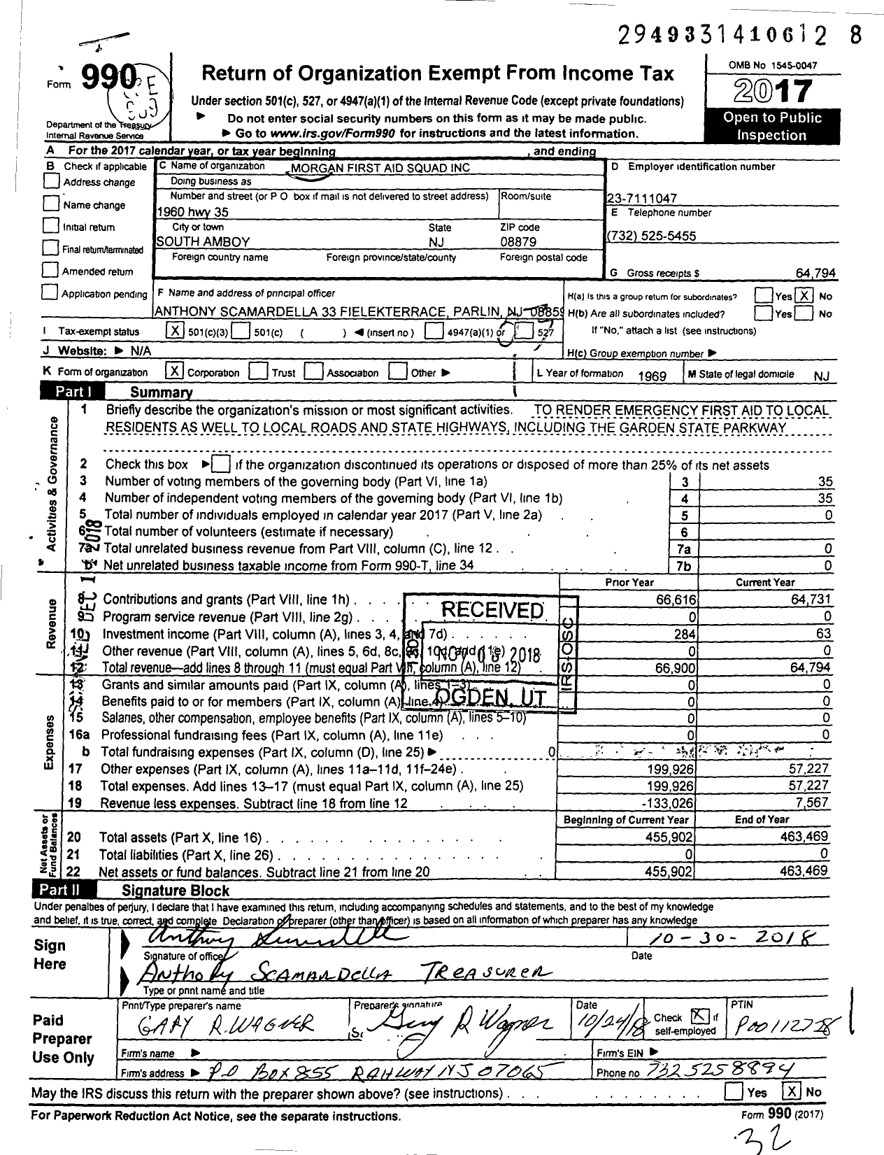 Image of first page of 2017 Form 990 for Morgan First Aid Squad