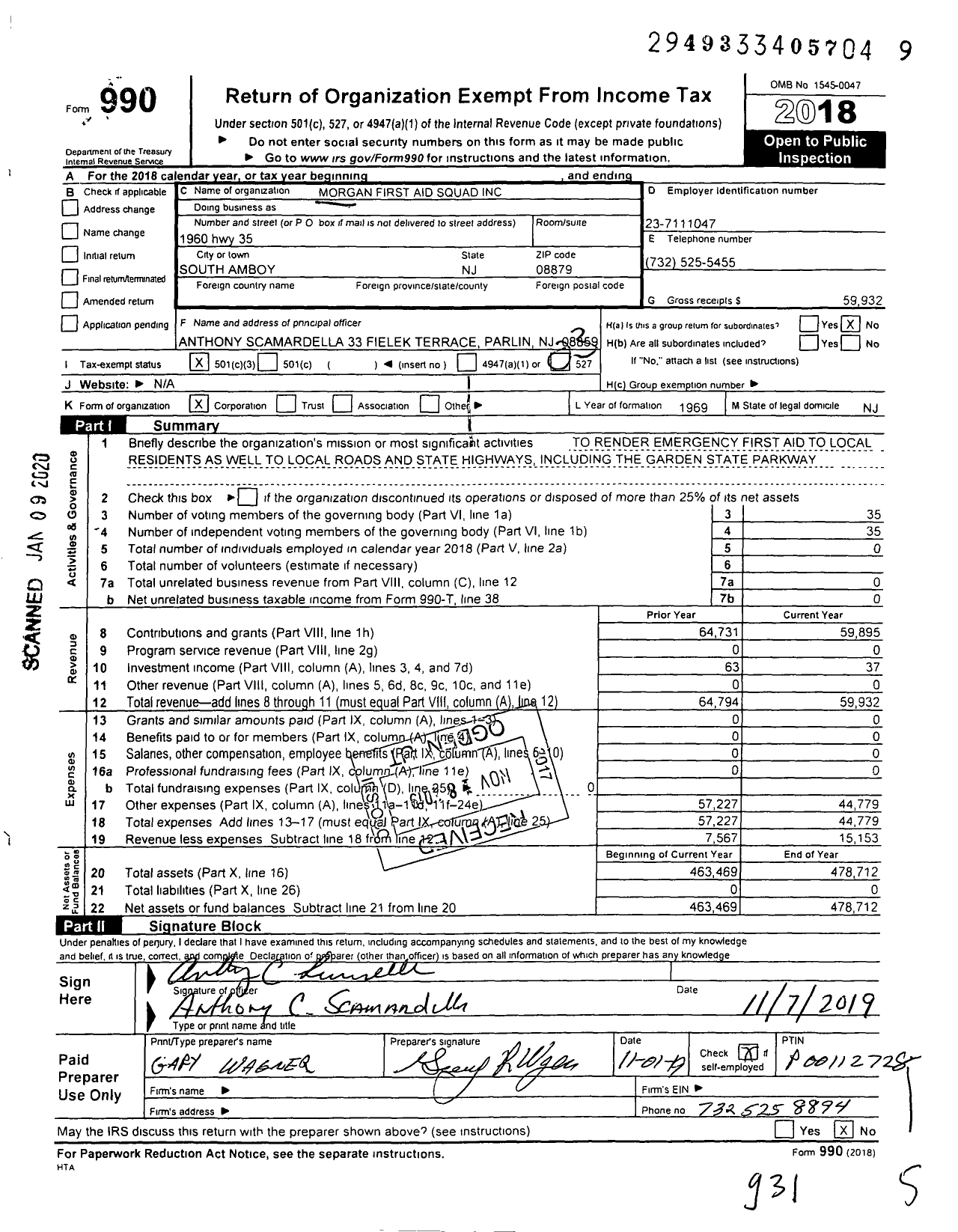 Image of first page of 2018 Form 990 for Morgan First Aid Squad