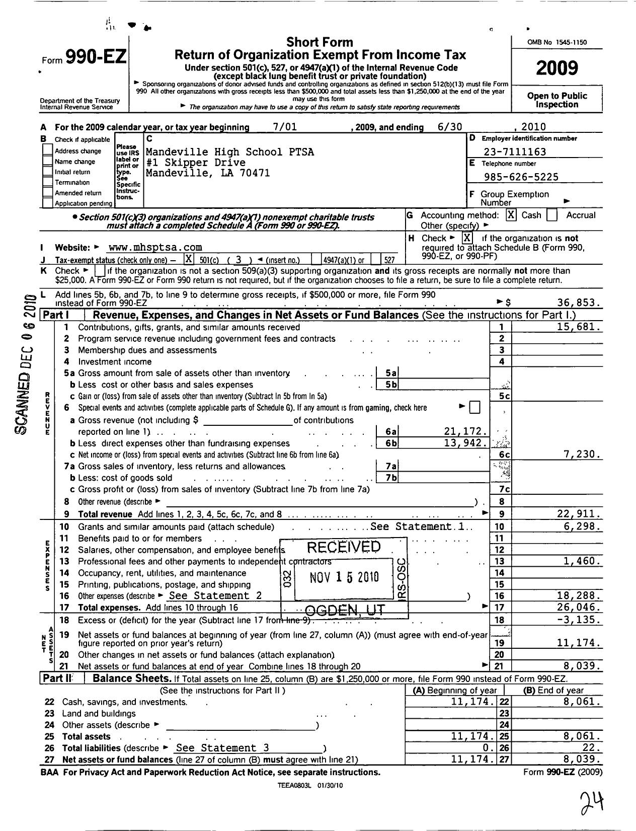 Image of first page of 2009 Form 990EZ for PTA Louisiana Congress / Mandeville High School PTA