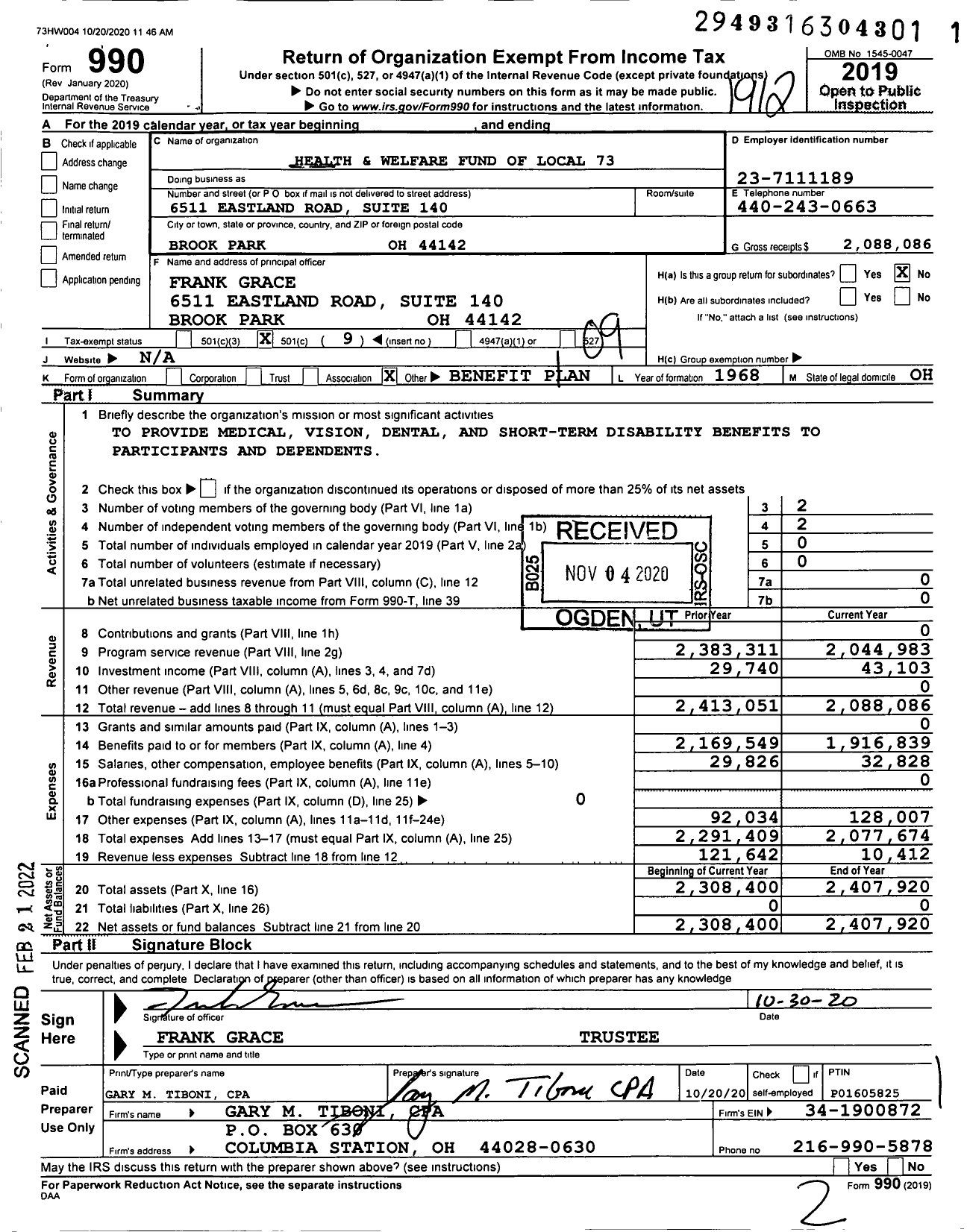 Image of first page of 2019 Form 990O for Health and Welfare Fund of Local 73