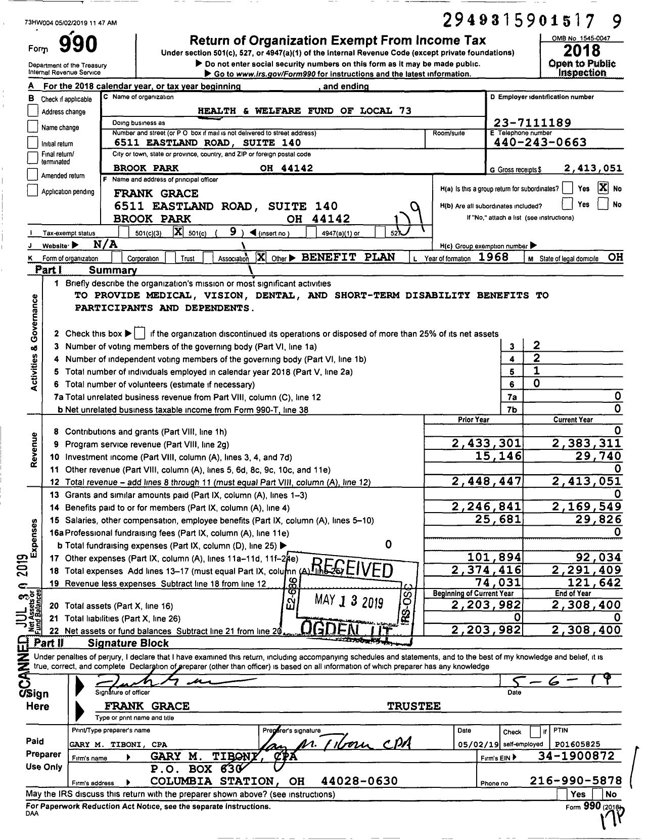 Image of first page of 2018 Form 990O for Health and Welfare Fund of Local 73