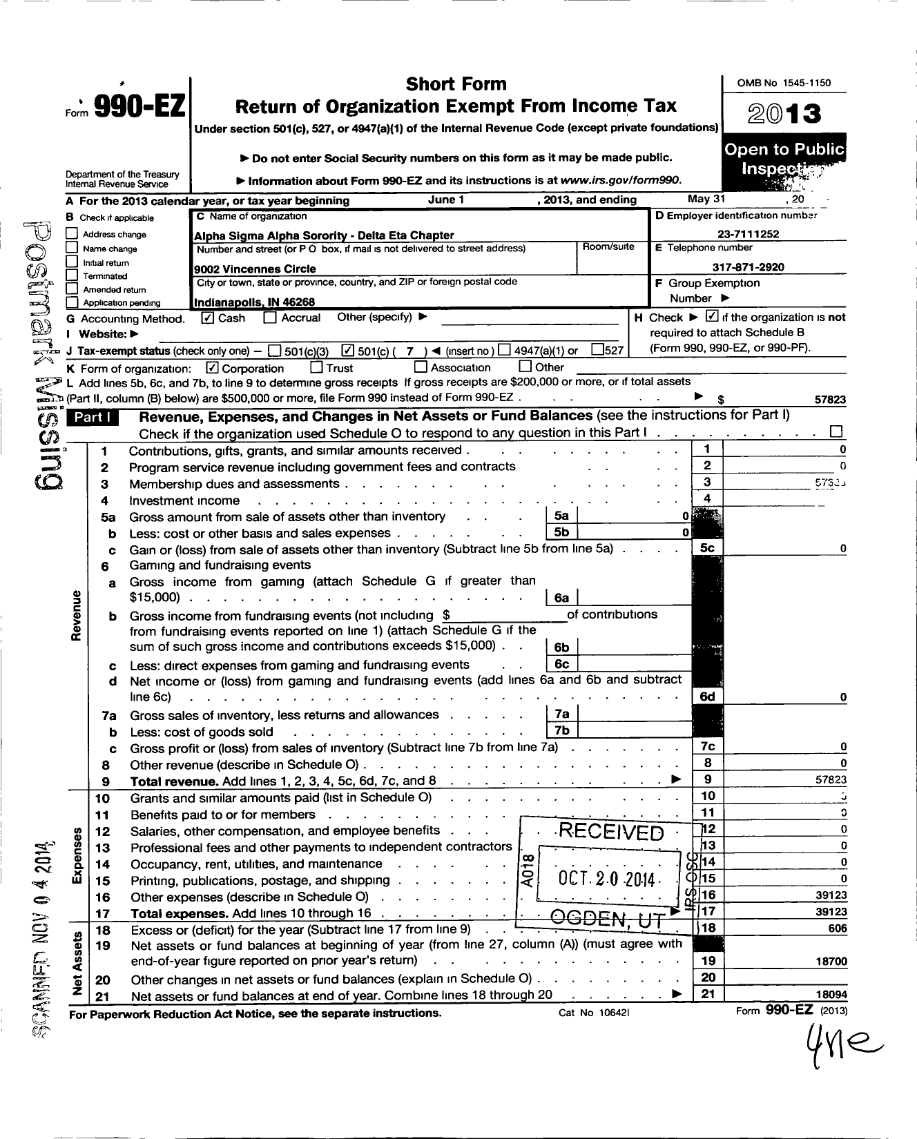 Image of first page of 2013 Form 990EO for Alpha Sigma Alpha Sorority / Delta Eta Chapter