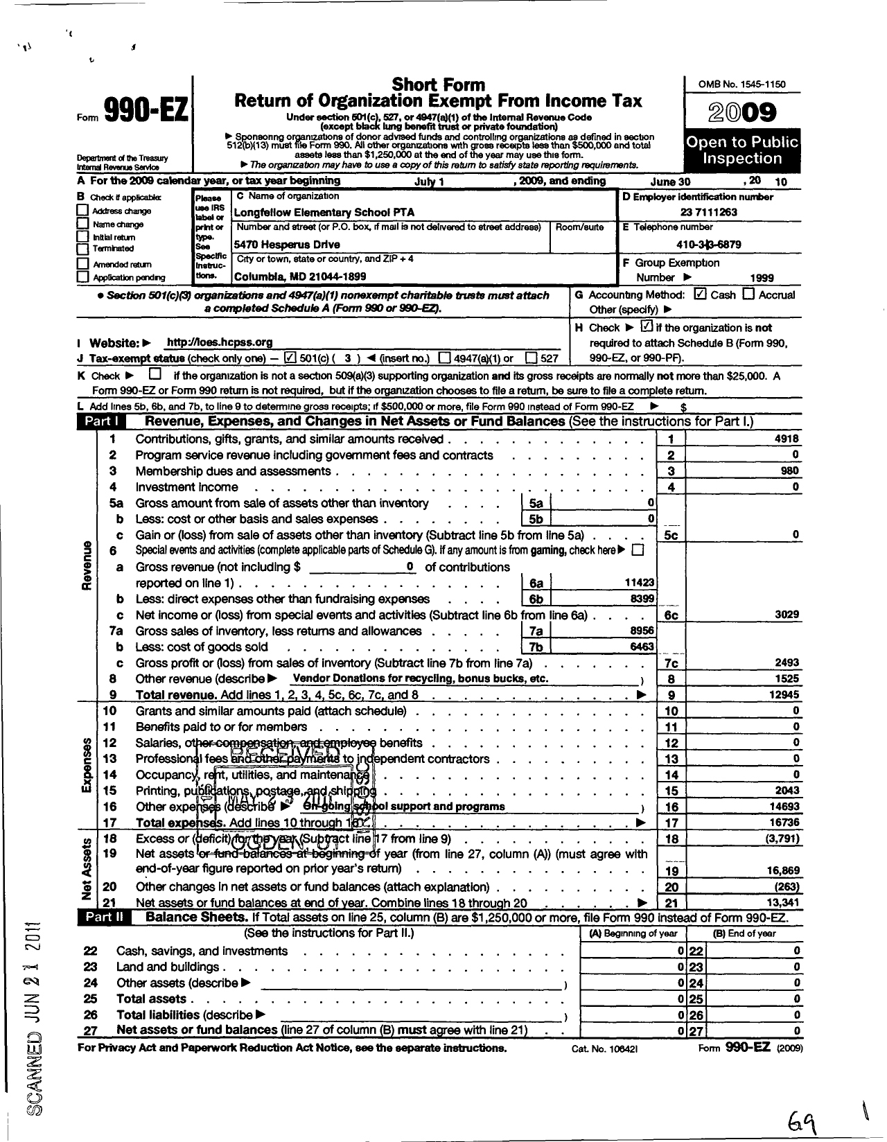 Image of first page of 2009 Form 990EZ for PTA Delaware Congress / Longfellow Elem