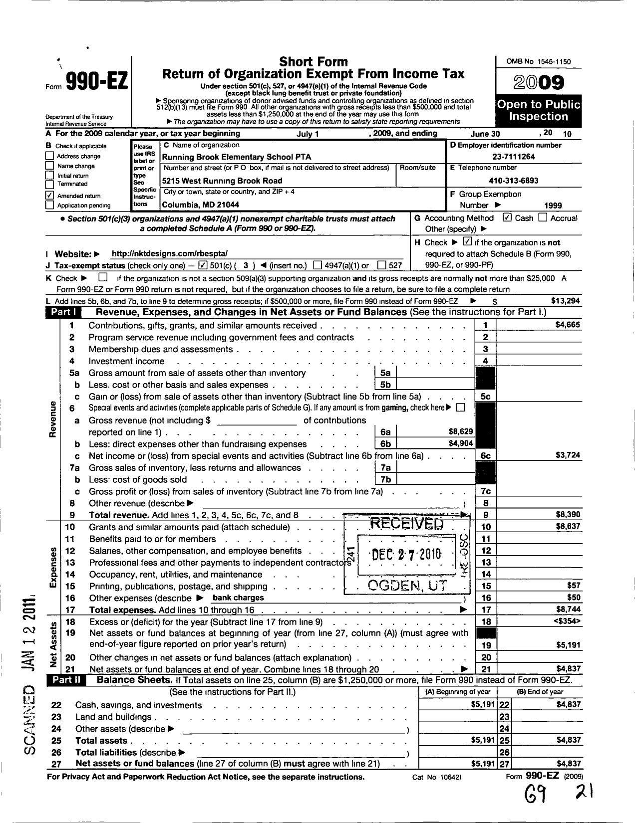 Image of first page of 2009 Form 990EZ for Running Brook Elementary School PTA