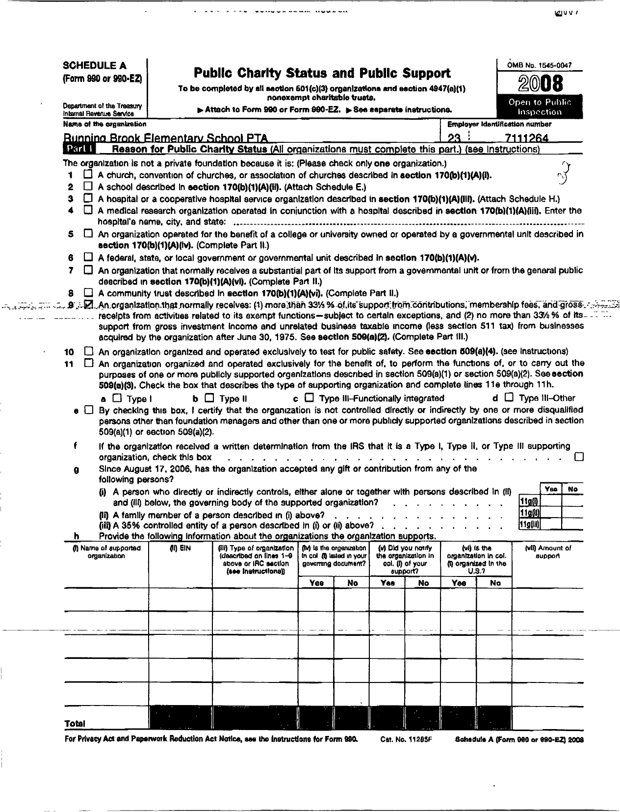 Image of first page of 2008 Form 990ER for Running Brook Elementary School PTA