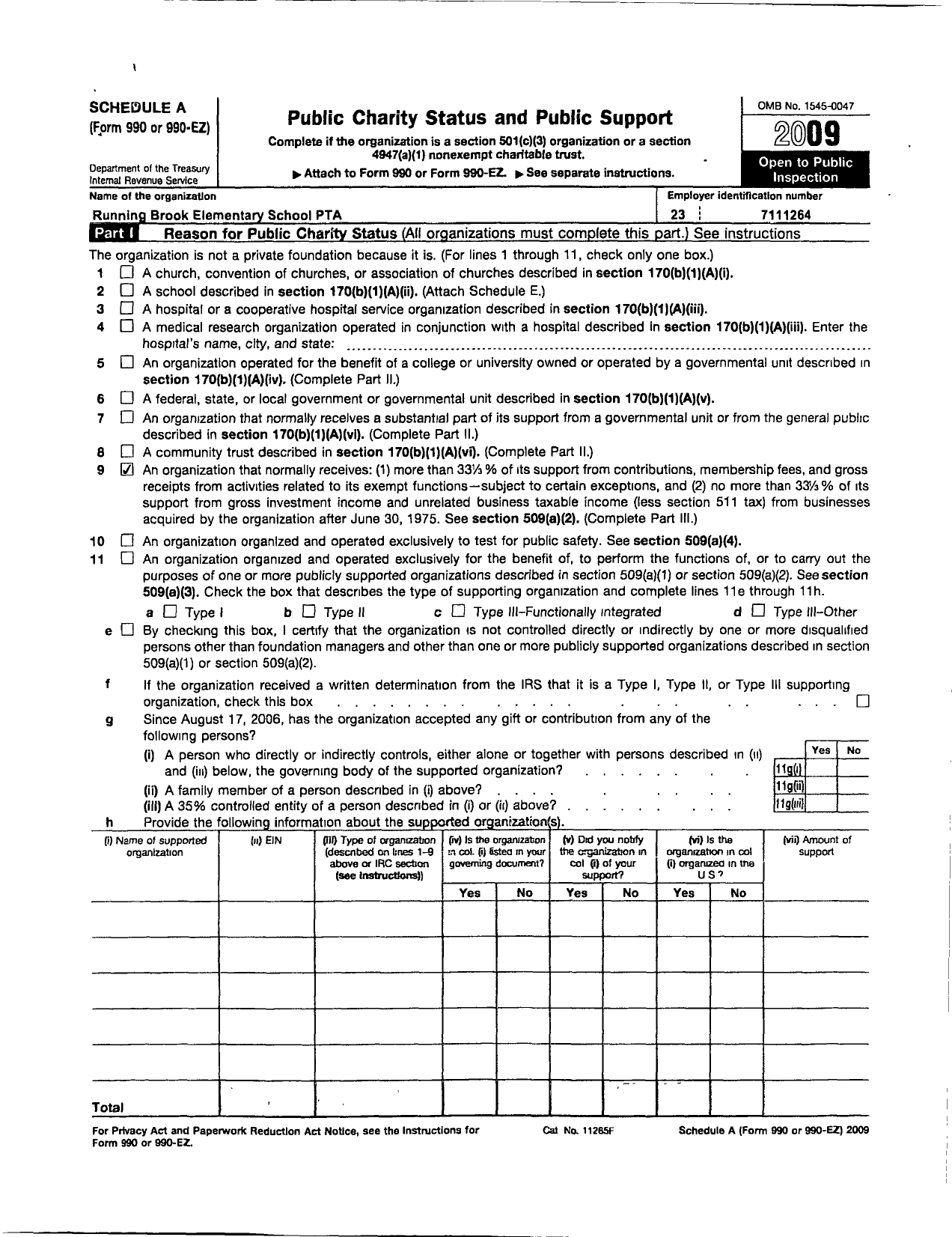 Image of first page of 2009 Form 990ER for Running Brook Elementary School PTA