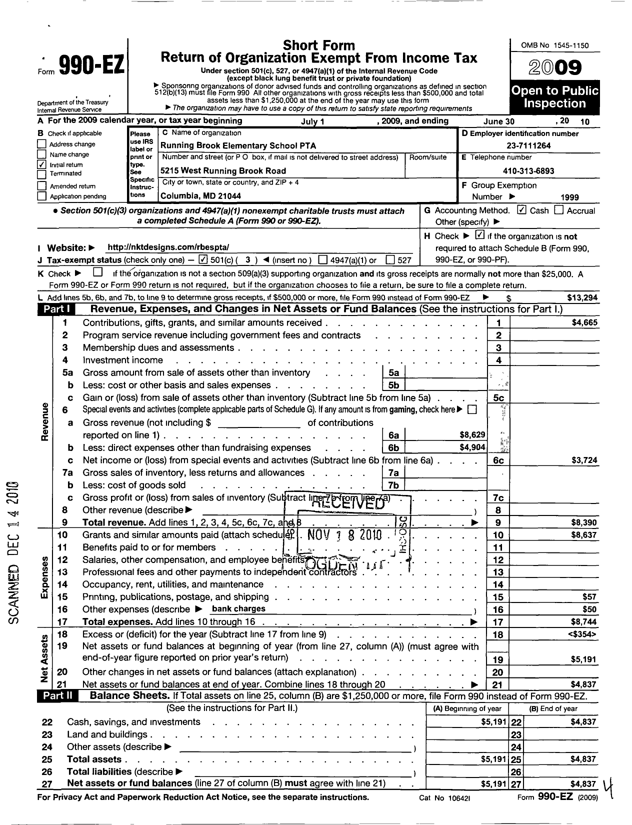 Image of first page of 2009 Form 990EZ for Running Brook Elementary School PTA