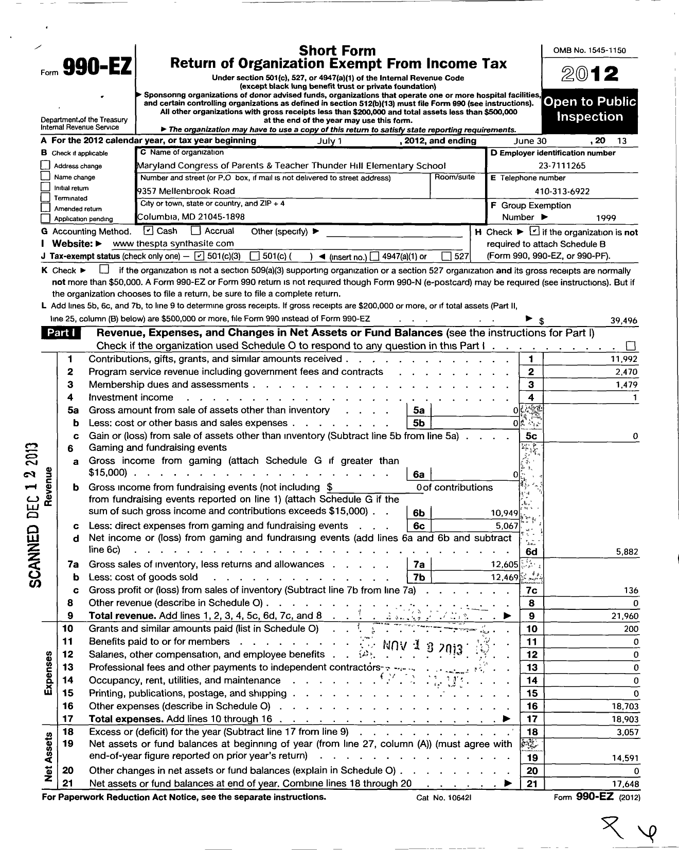 Image of first page of 2012 Form 990EZ for PTA Delaware Congress / Thunder Hill Elementary