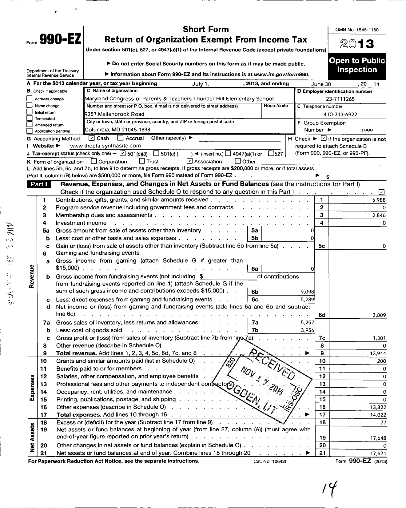 Image of first page of 2013 Form 990EZ for PTA Delaware Congress / Thunder Hill Elementary