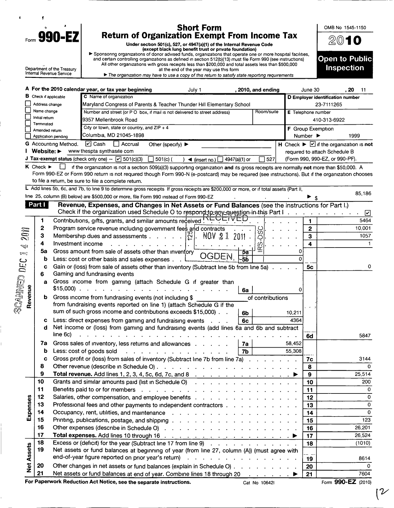 Image of first page of 2010 Form 990EZ for PTA Delaware Congress / Thunder Hill Elementary