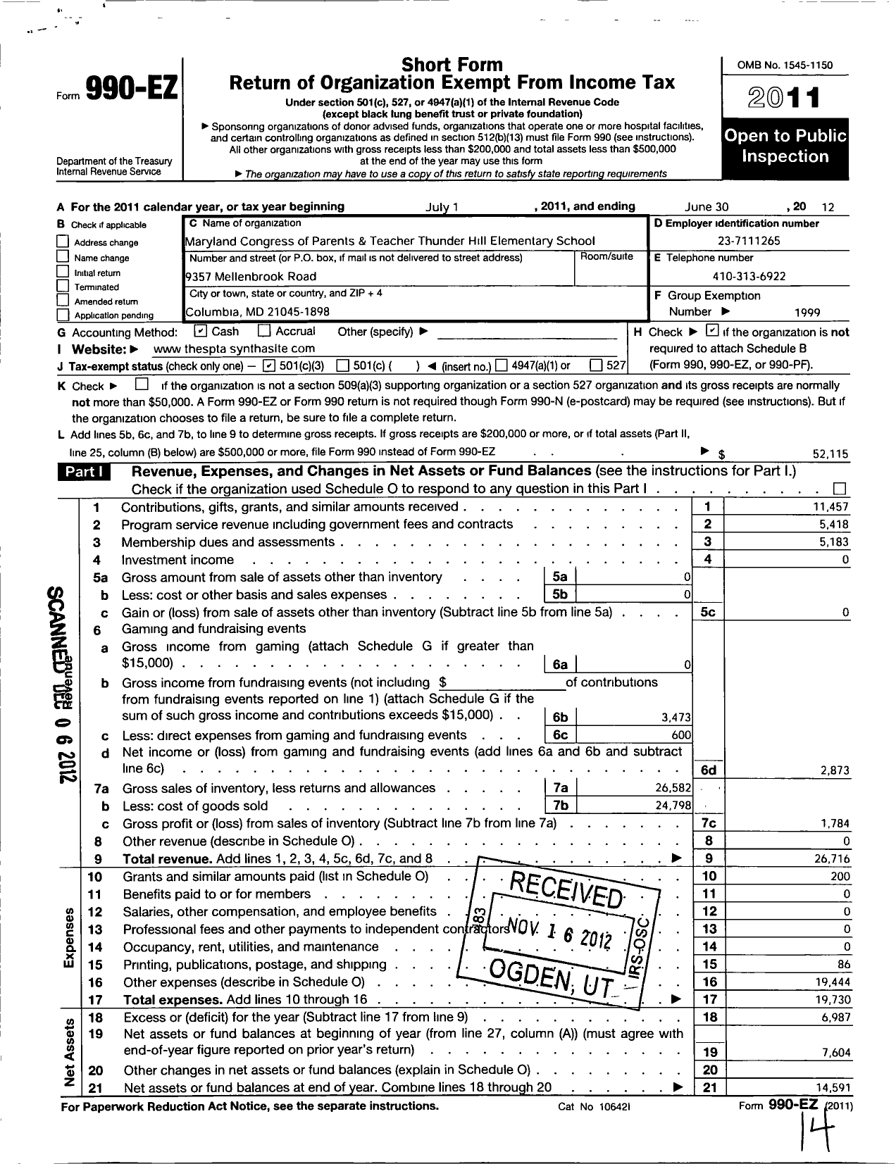 Image of first page of 2011 Form 990EZ for PTA Delaware Congress / Thunder Hill Elementary