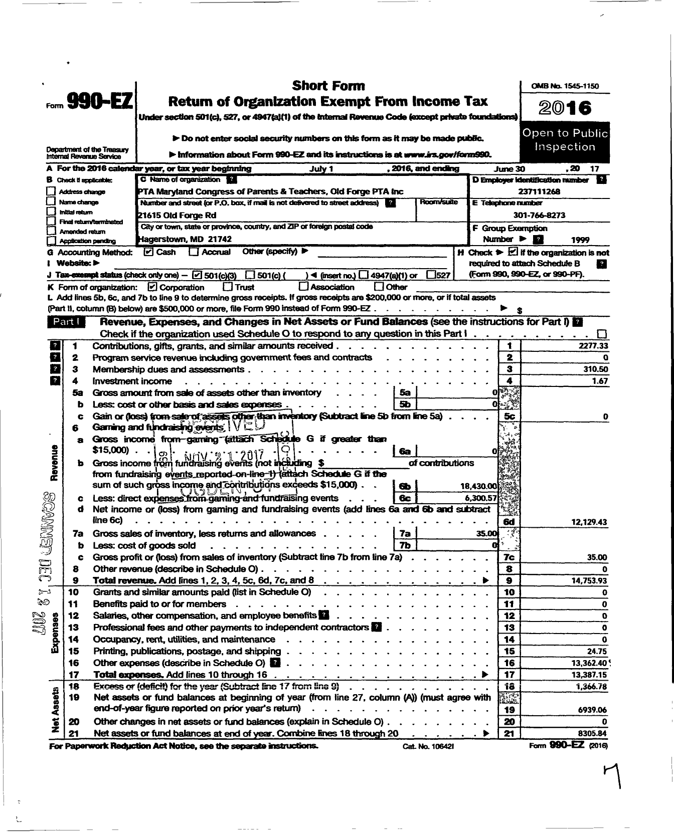 Image of first page of 2016 Form 990EZ for PTA Old Forge Maryland Congress of Parents and Teachers