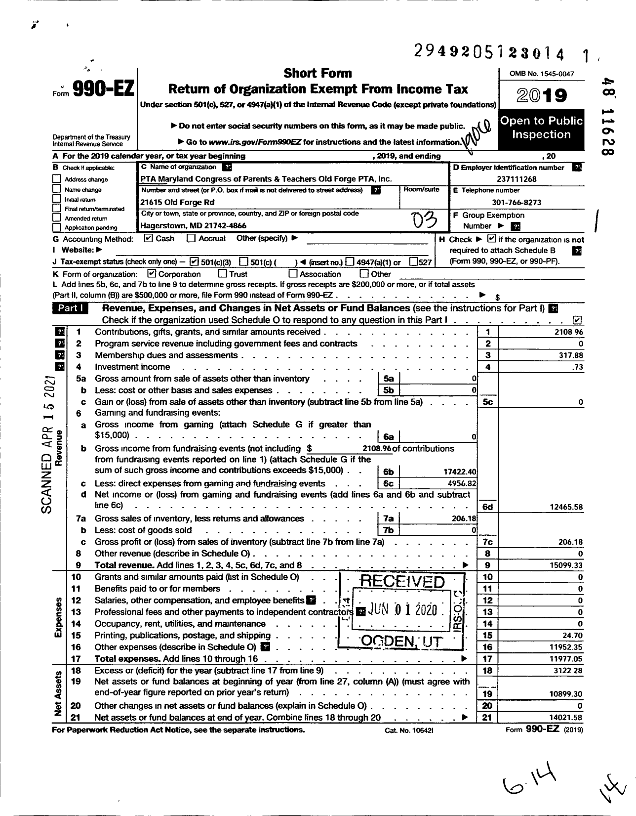 Image of first page of 2018 Form 990EZ for PTA Old Forge Maryland Congress of Parents and Teachers