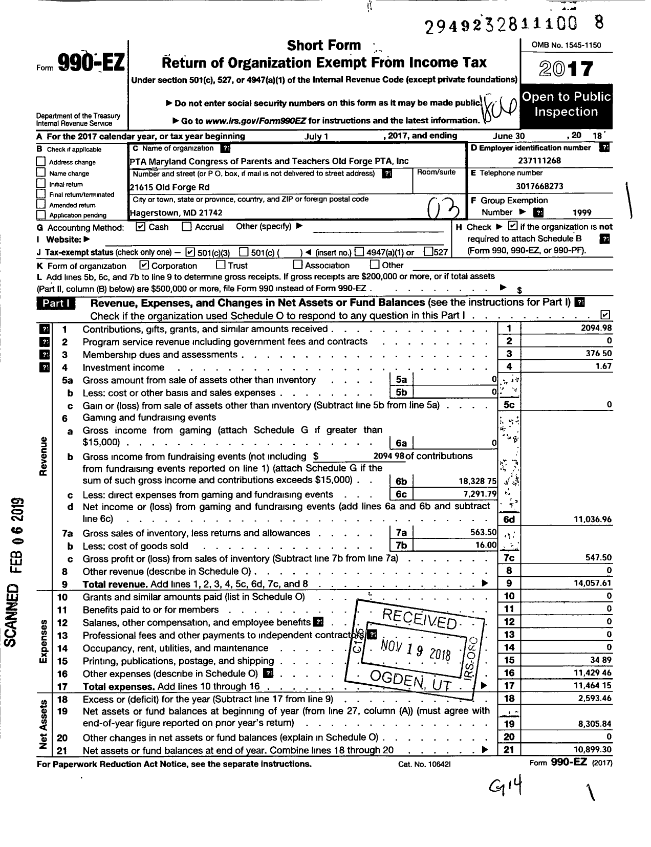 Image of first page of 2017 Form 990EZ for PTA Old Forge Maryland Congress of Parents and Teachers